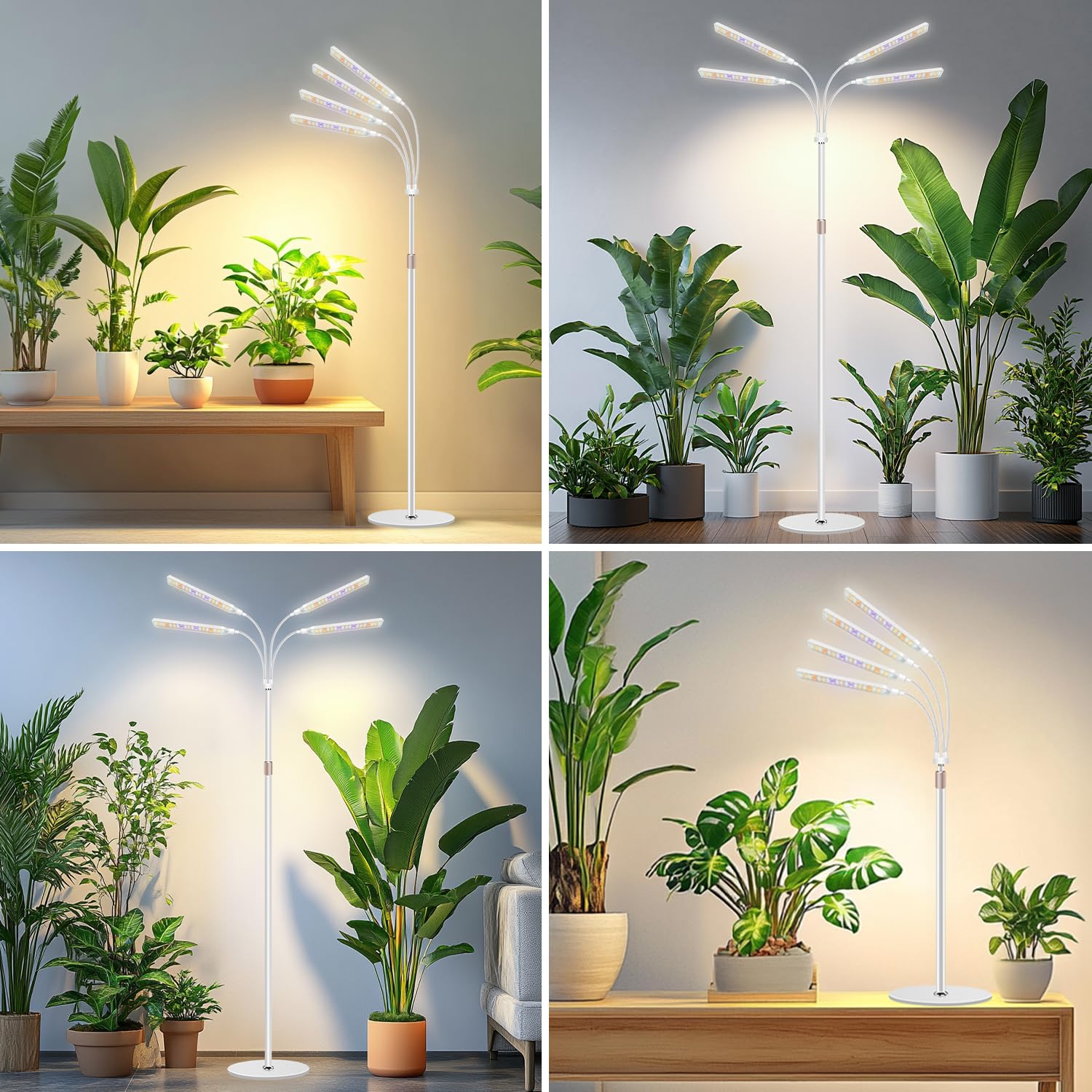 Kullsinss Pflanzenlampe LED mit Ständer, 4-Kopf Vollspektrum Pflanzenlicht für Zimmerpflanzen mit 4/8/12/16 Stunden, 3 Lichtmodi, 5 Helligkeit, höhenverstellbare Grow Light für Indoor Pflanzenwachstum