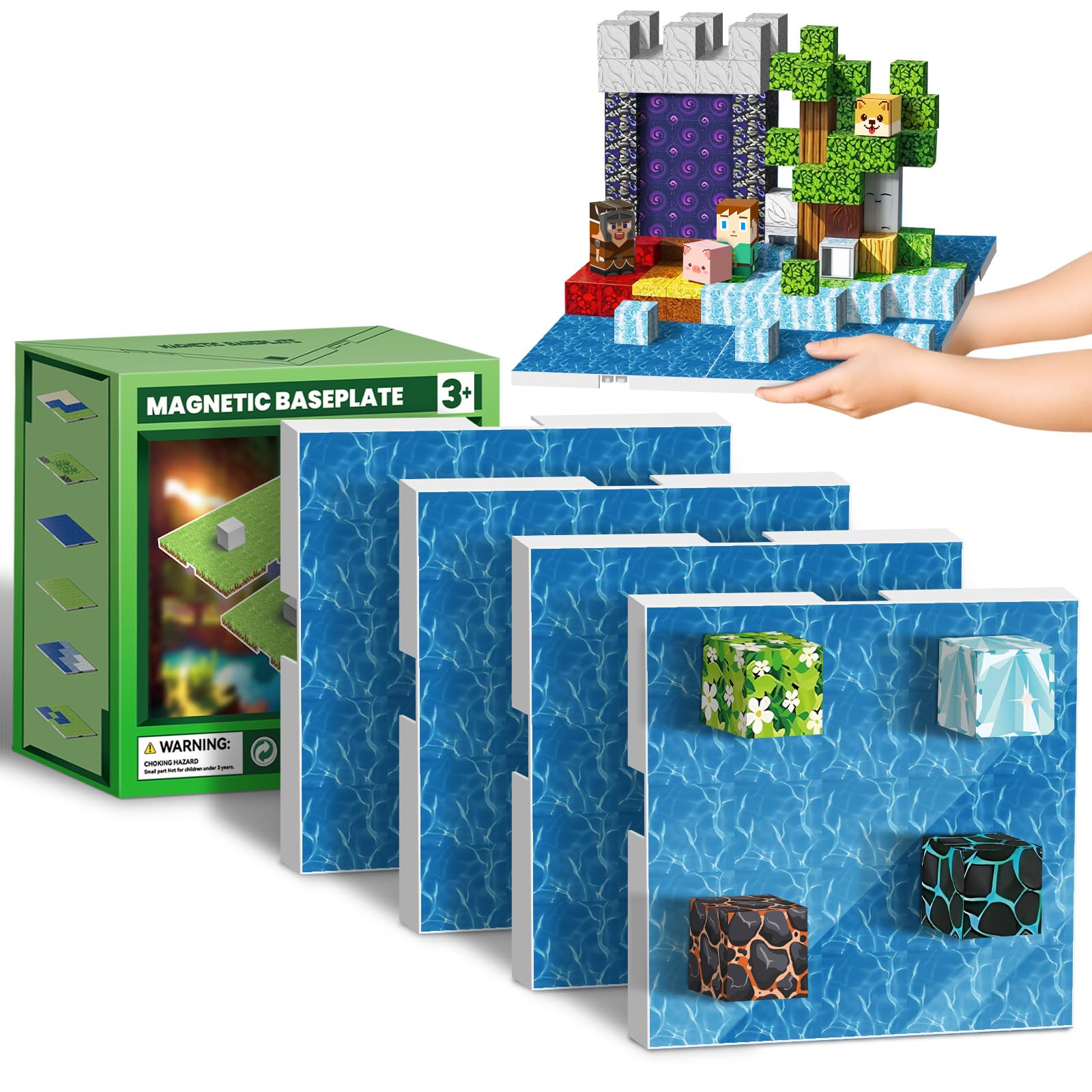Magnetic Blocks Baseplate for Minecraft Magnet Blocks, 4PCS, Ocean