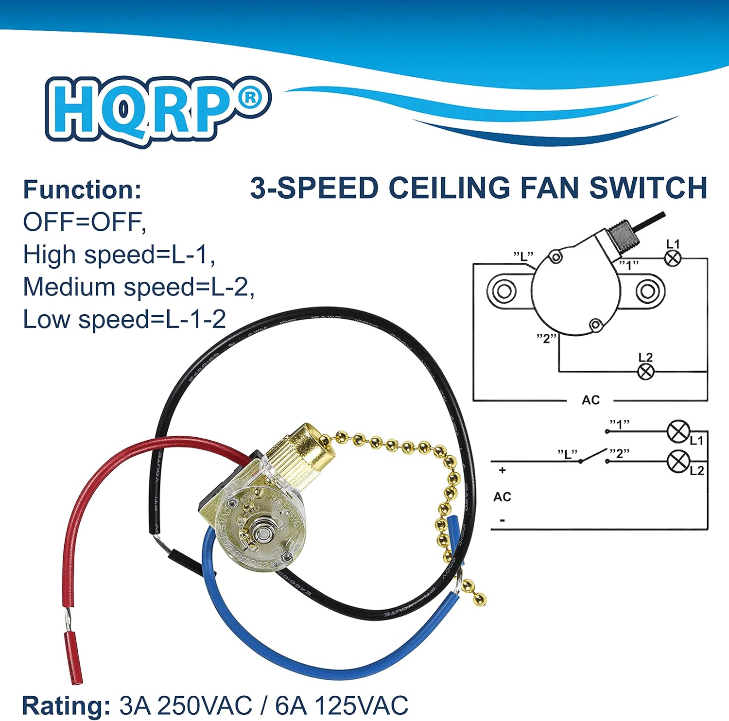HQRP Ceiling Fan Switch Compatible with Zing Ear ZE-110, Harbor Breeze 0101870 3-Way 3-Wire Pull Chain Fan Light Switch with 3 Pre-Installed Wires, UL Listed