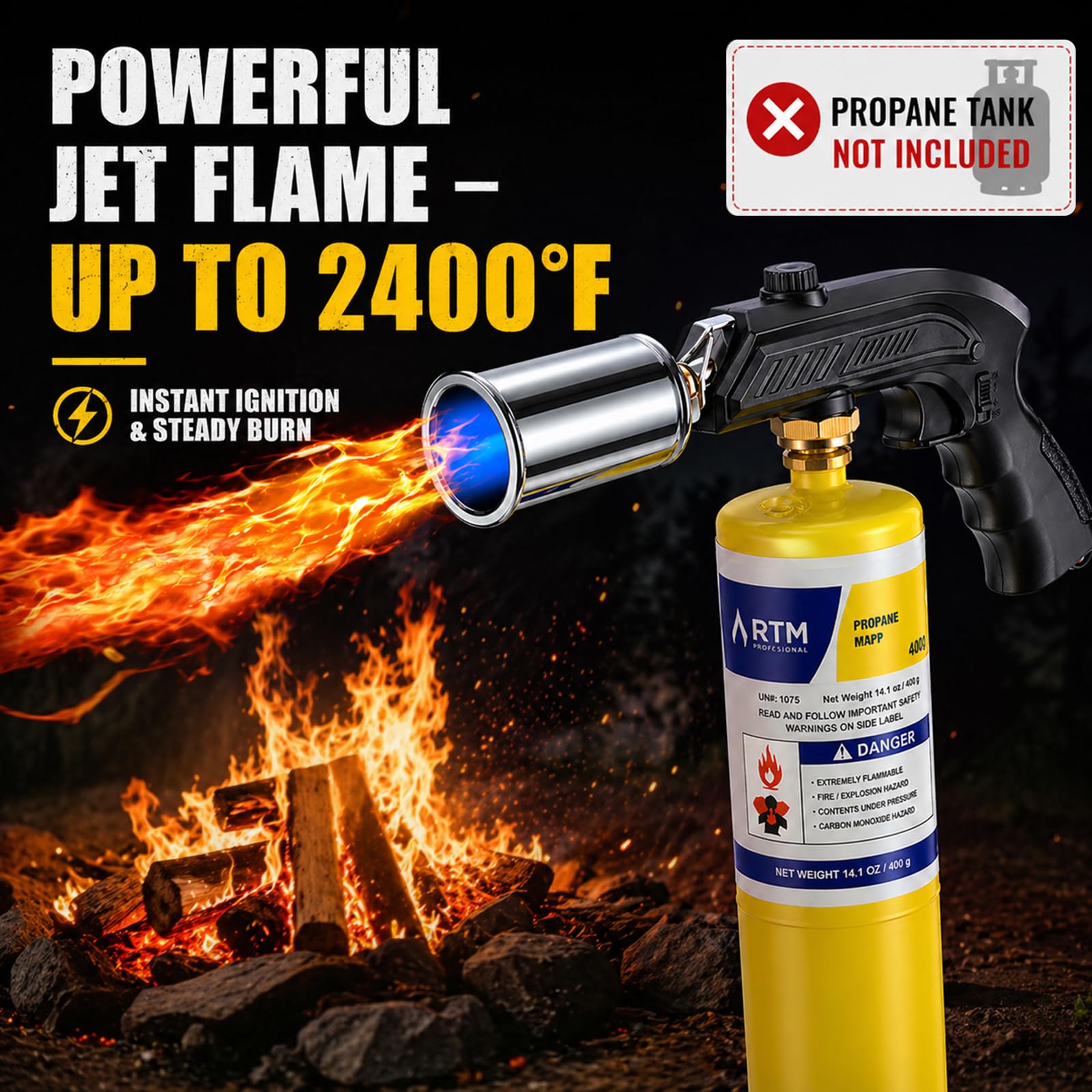 Tête de torche au propane avec flamme réglable et verrouillage de sécurité – Brûleur de brasage robuste pour soudure, barbecue au charbon, allume-feu et cuisine culinaire (réservoir non inclus