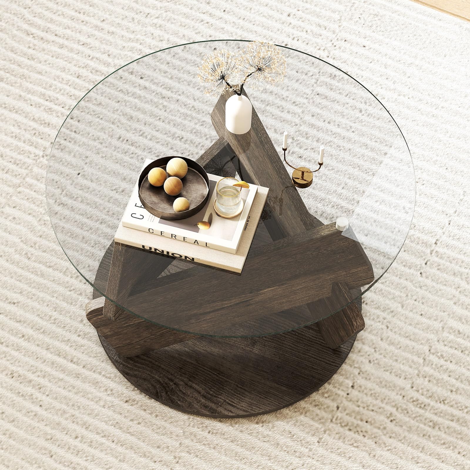 COSTWAY Table Basse Ronde en Verre, 81x 81 cm, Base en Caoutchouc, Style Rustique, Table de Salon pour Petit Espace, Bureau