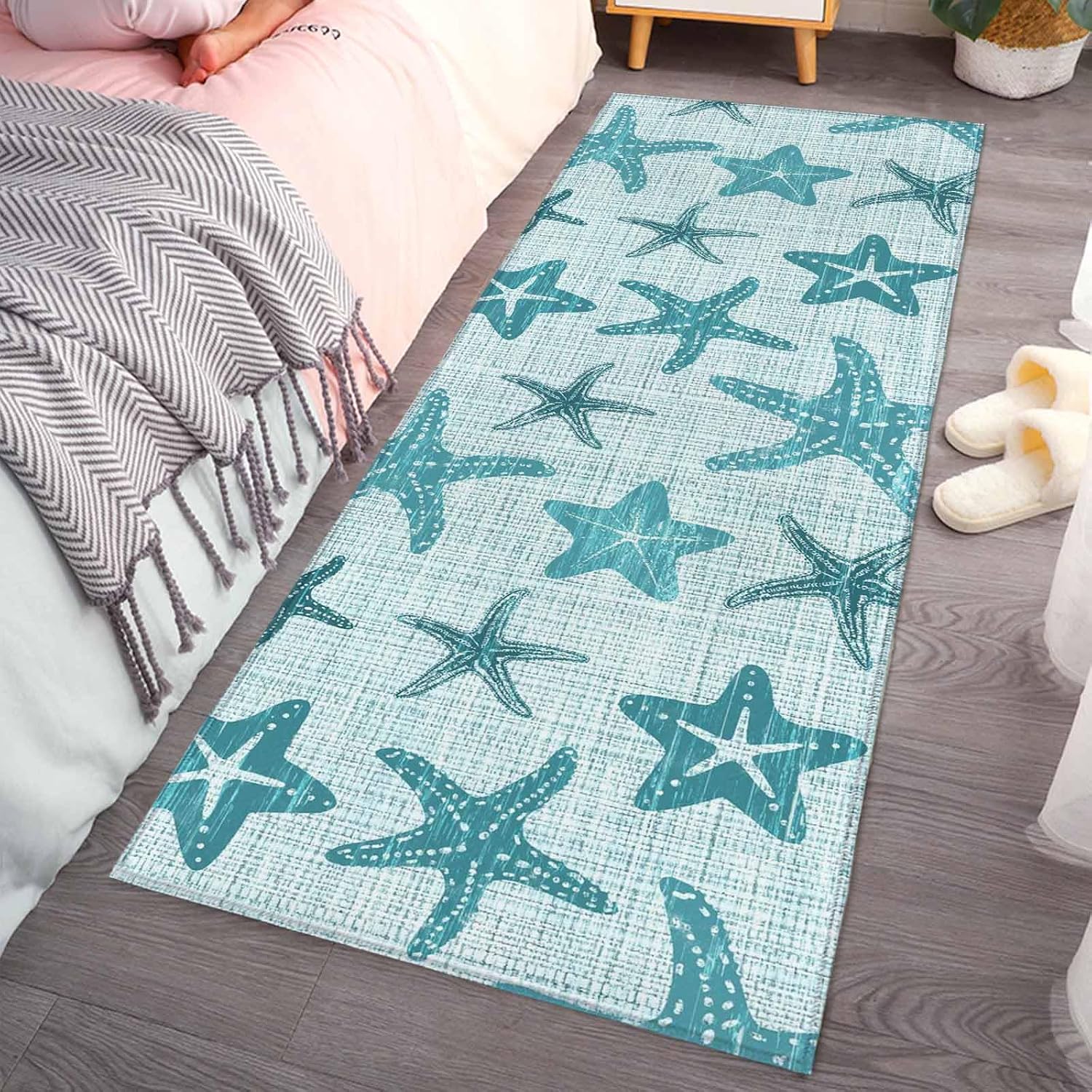 Kitchen Mats for Floor Underwater Life Marine Starfish Washable Non Slip Kitchen Rugs 1PCS, Retro Ocean Teal Theme Absorbent Standing Mats for Sink Bathroom Office Living Room 15.7x47.2in