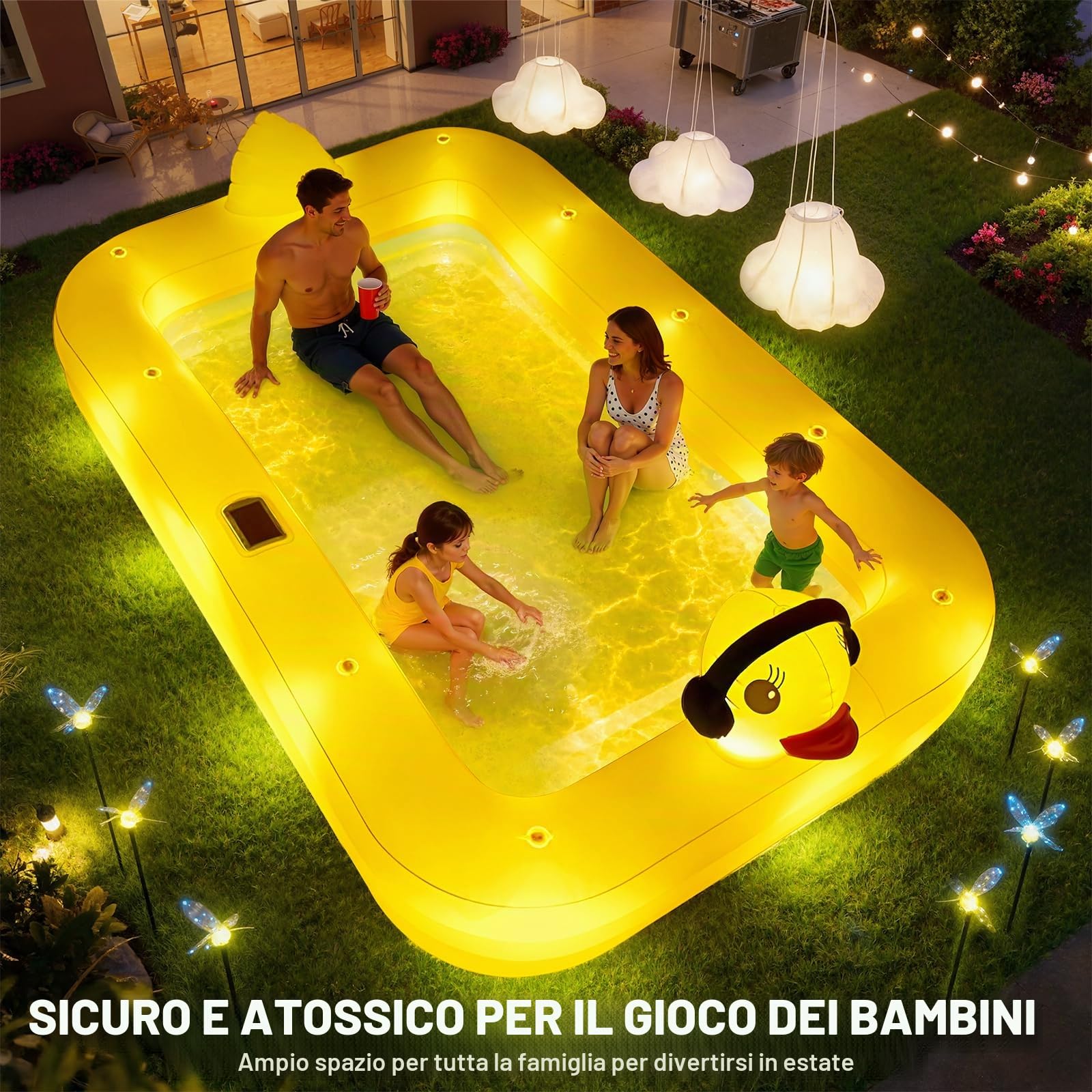 KingSom Piscina Gonfiabile con Luci, Paperella Piscina Gonfiabile Rettangolare Solare, Grande Piscina per Bambini e Adulti, 254 x 160 x 56 cm, Piscina Fuori Terra per Famiglie per Giardino, Esterni