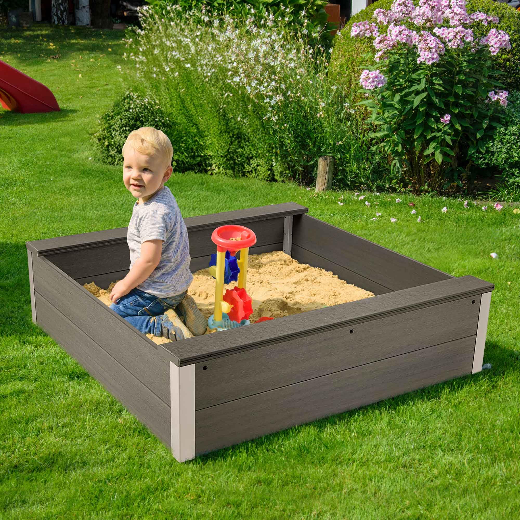 dobar® Piaskownica z odpornego na warunki atmosferyczne WPC – piaskownica do zabawy w ogrodzie – 115 x 115 x 30 cm – antracytowa