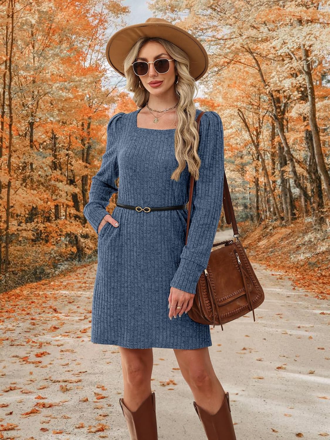 Womens Ribbed Knit Sweater Dress Long Sleeve Square Neck Fall Winter Dresses - Image 6