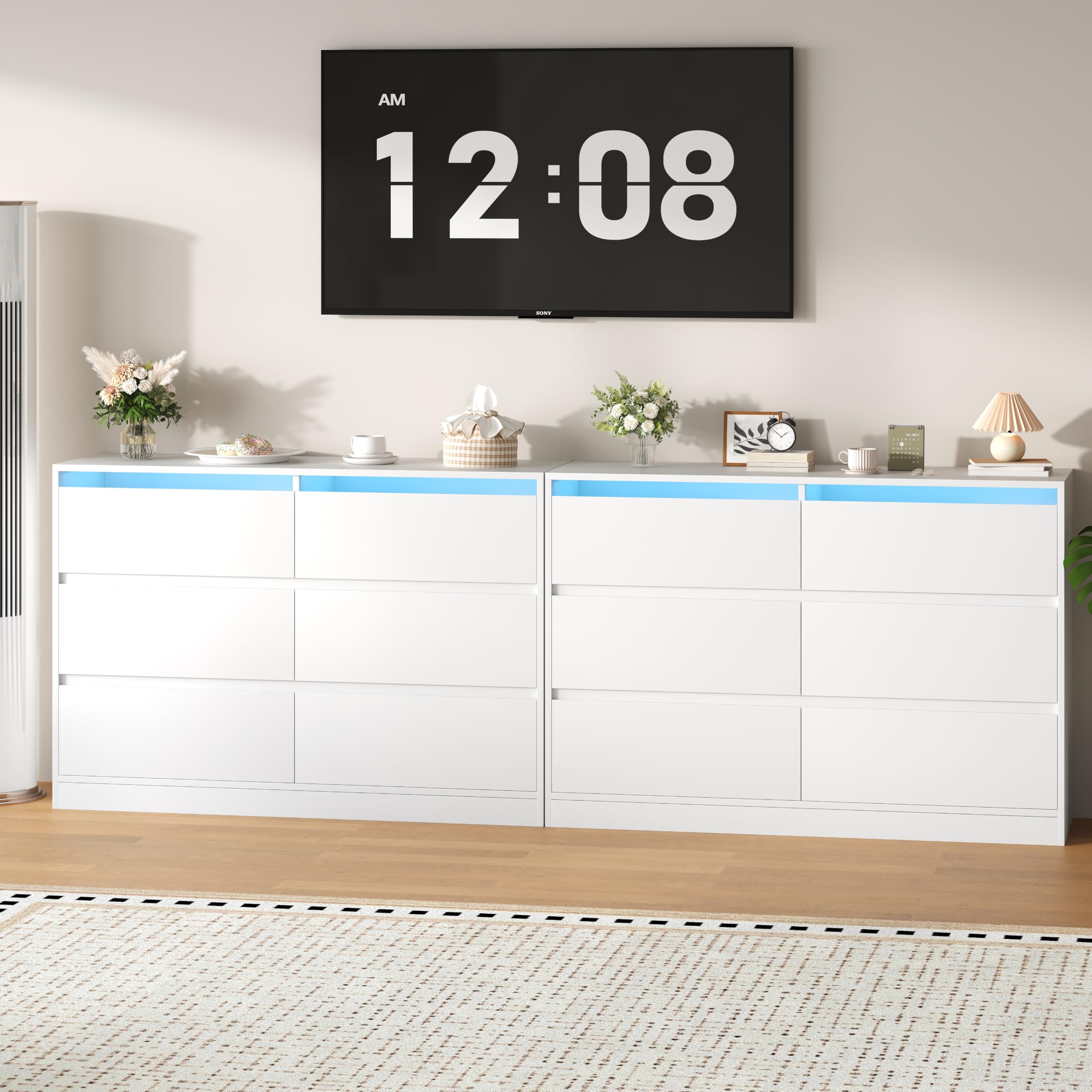 BEWISHOME Cassettiera Camera da Letto Moderna con 6 Cassetti e Luci a LED | Cassettiera Bianca,Salvaspazio,Mobile Camera da Letto per Soggiorno,Bagno e Ingresso,40 x 75 x 108 cm EKCG08W