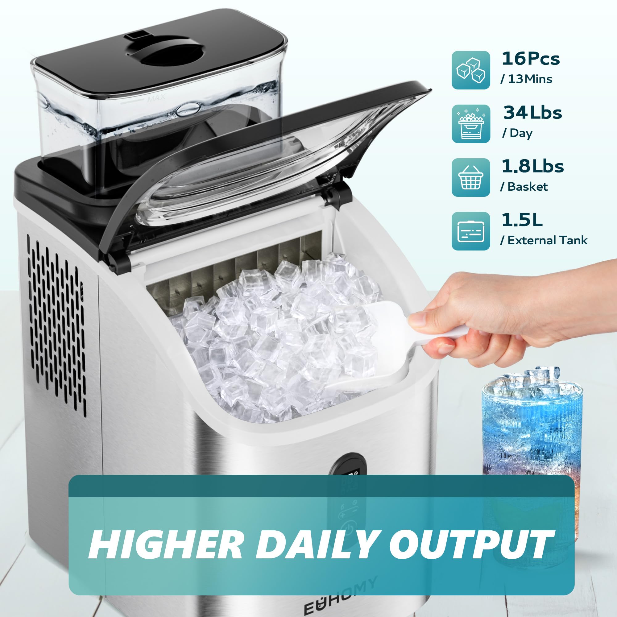 Euhomy Ice Cube Maker Machine Countertop With External Water Tank, 2 Ways To Add Water, 34lbs/Day, 16pcs Ready In 7 Mins, Auto-Cleaning, With Ice Scoop & Basket, For Home/Kitchen/Office/Bar (Silver) on Fridge.com - View 2