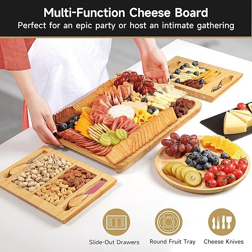 Miniatura 17 de Juego de tablas de queso de bambú, tablas de charcutería y plato de carne para servir, bandeja de queso con 4 cuchillos de queso de acero