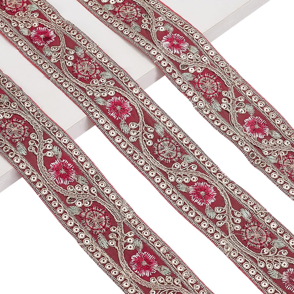 AHANDMAKER 10 Yards Indian Red Jacquard Ribbon Trim, 1.57 inch Wide Embroidery Sequins Ribbons Flower Pattern Woven Trim Ethnic Style Jacquard Ribbon Glitter Metallic Ribbon for DIY Sewing Home Decor