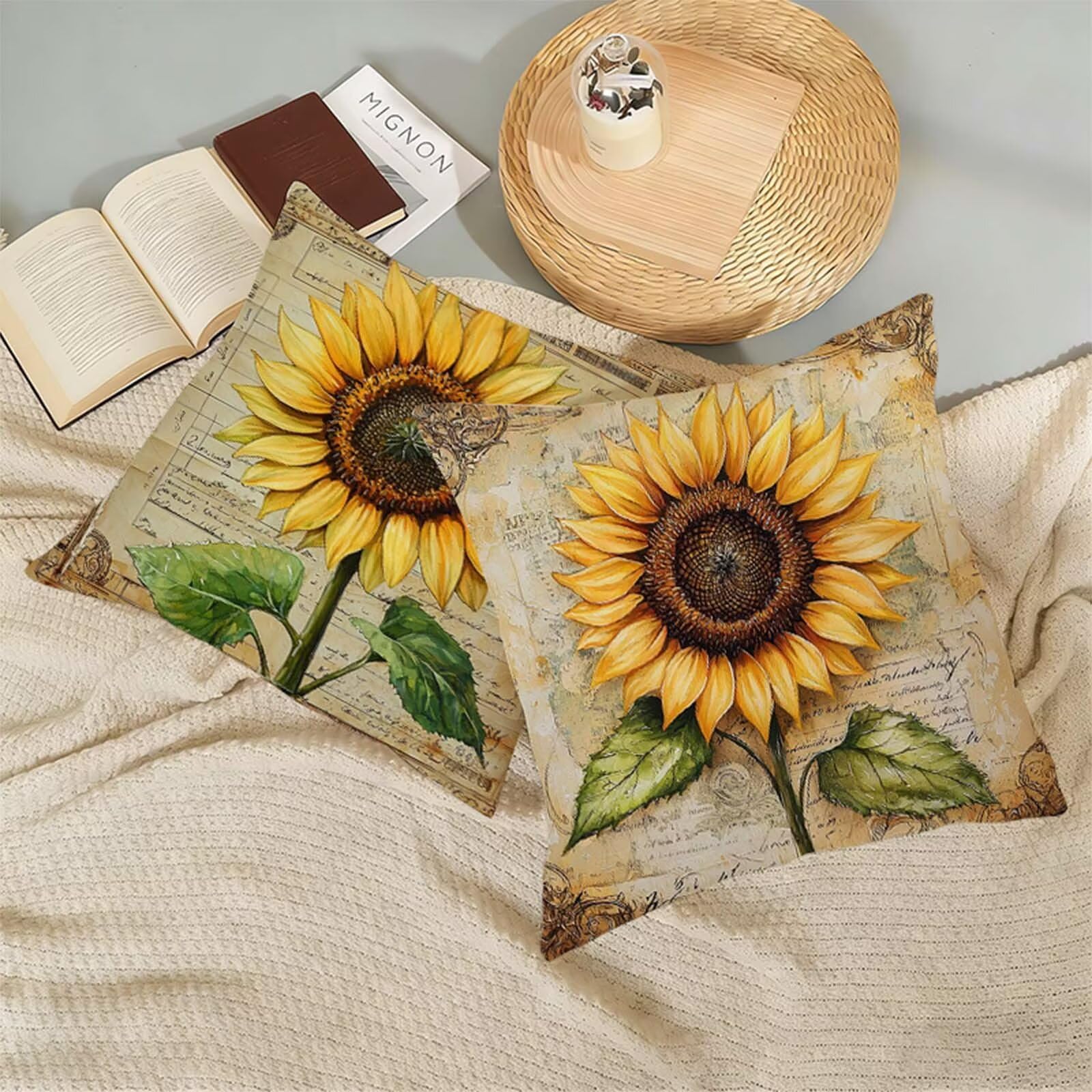 Fundas Cojines 80 x 80 CM Amarillo Juego de 2, Impermeable Exterior Funda Cojin Lino, Cómodo Transpirables, Antimanchas y Durable Funda de Cojines Girasol, para Salón, Dormitorio Decoración Hogar X-8