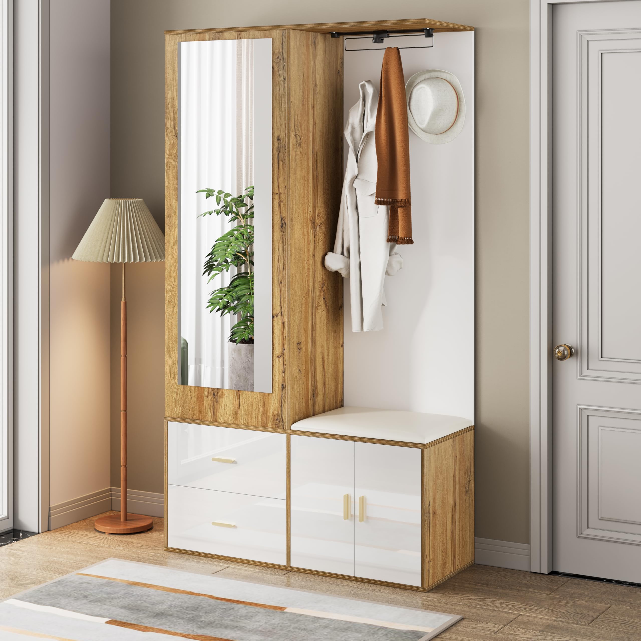 Elegante juego de perchero en colores blanco y madera con espejo, zapatero, zapatero con gancho y barra extensible (color blanco y madera)