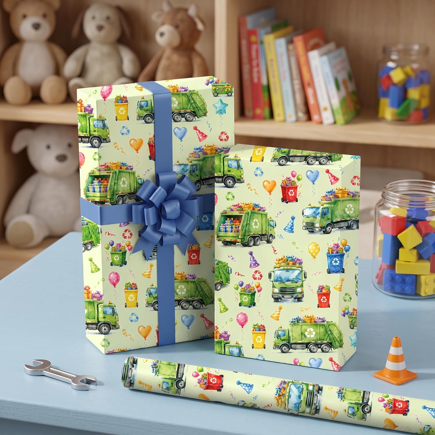 Trash Truck Wrapping Paper Roll for Boys, Garbage Truck Wrapping Paper, Fun Vehicle Gift Packaging with Fun Colorful Balloons Design for Kids Birthday Christmas Holiday Party, 17 In x 16.4 Ft image 3