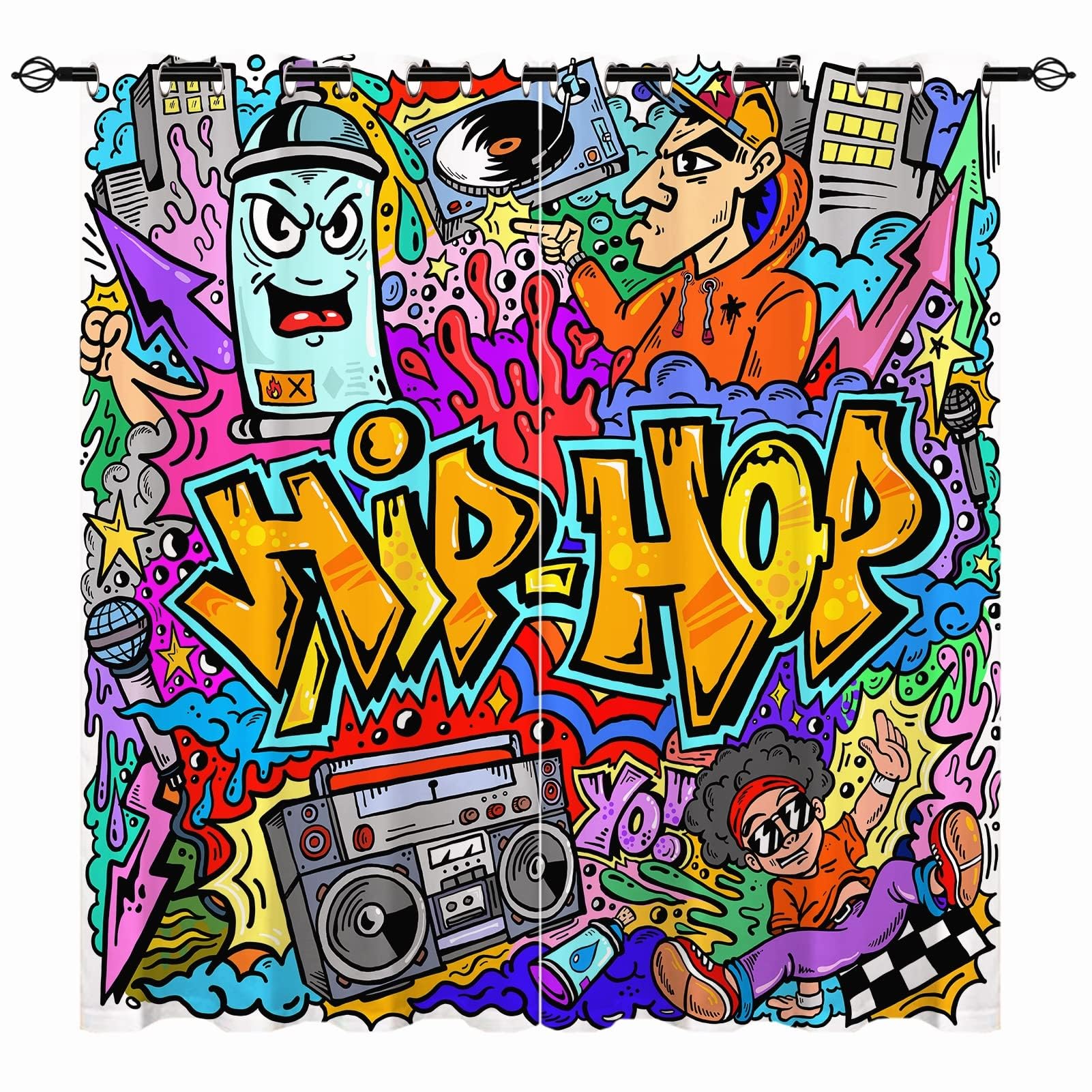 YUANZU Hippie Curtains - Kids Colorful Hip Hop Graffiti Doodle Print Pattern Eyelet Blackout Thermal Insulated & Room Darkening Window Drapes for Boys Teens Bedroom Playroom 2 Panels W132cm x D160cm