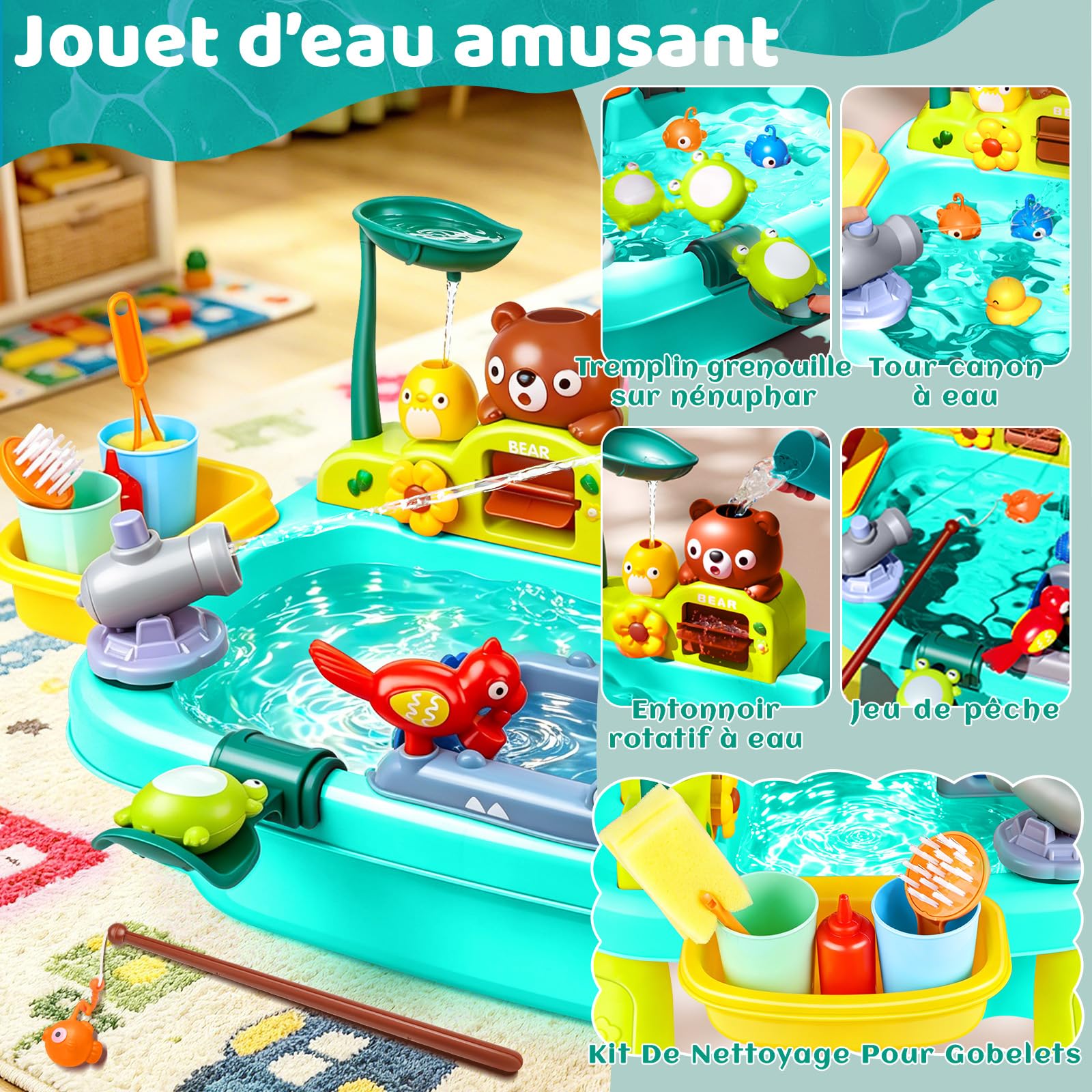 Jouet D'évier de Cuisine, Table Eau Enfant Exterieur, Jeu d'eau Enfant avec Circuit Eau, Évier Jouet avec Robinet Électrique Légumes et Jouets de Pêche pour Garçons et Filles 3+ Ans (Bleu)