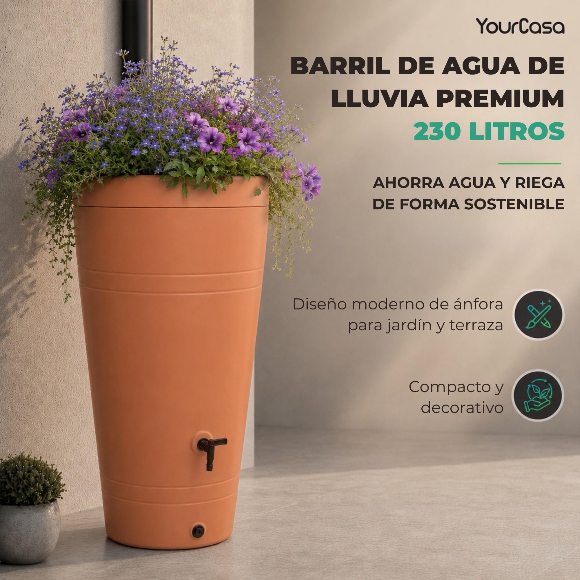 YourCasa Deposito Agua 230 litros [diseño Decore] Barril de Lluvia Resistente a Las heladas de plástico – bidon Agua de Lluvia con Grifo – depósito de Agua para jardín (Antracita)