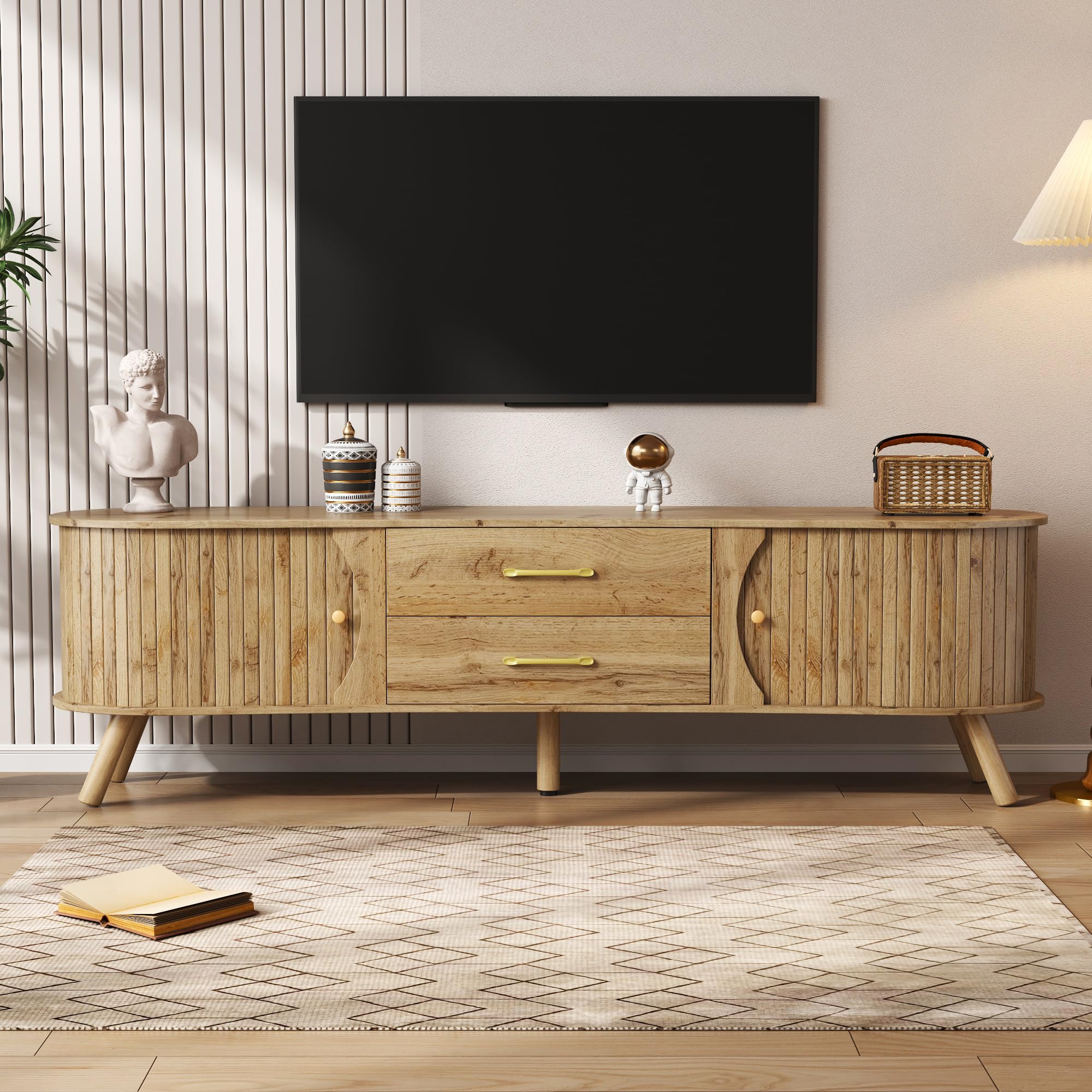Ensemble de salon 3 pièces de style japonais avec meuble TV bas buffet et table basse en forme de pois organique avec portes coulissantes aspect bois avec pieds en bois massif chêne naturel