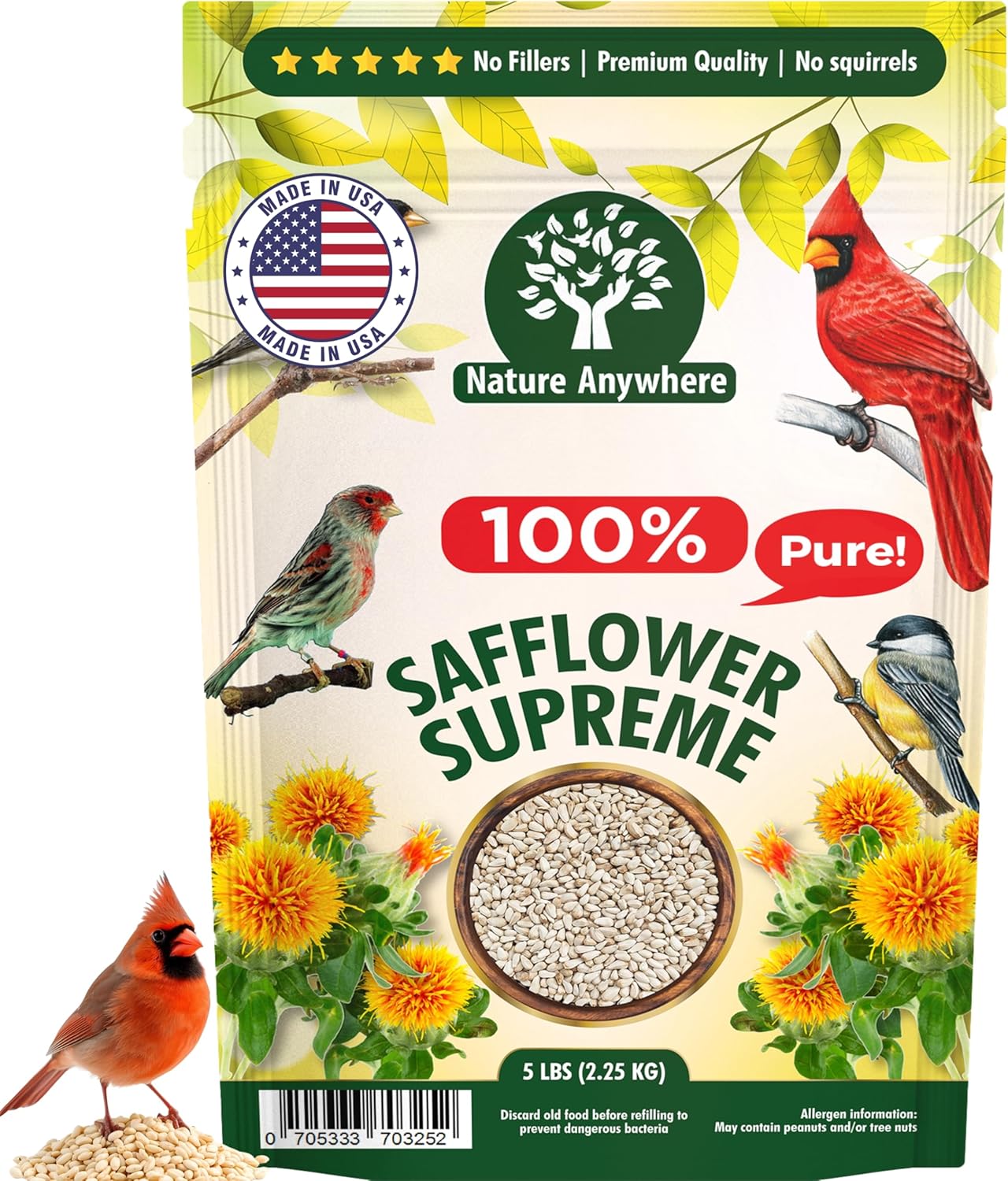 Nature Anywhere Safflower Supreme Bird Seed for Outside Feeders – Made in USA – Clean Premium Quality Wild Birds Food – Hi Protein Bird Feed – No Fillers
