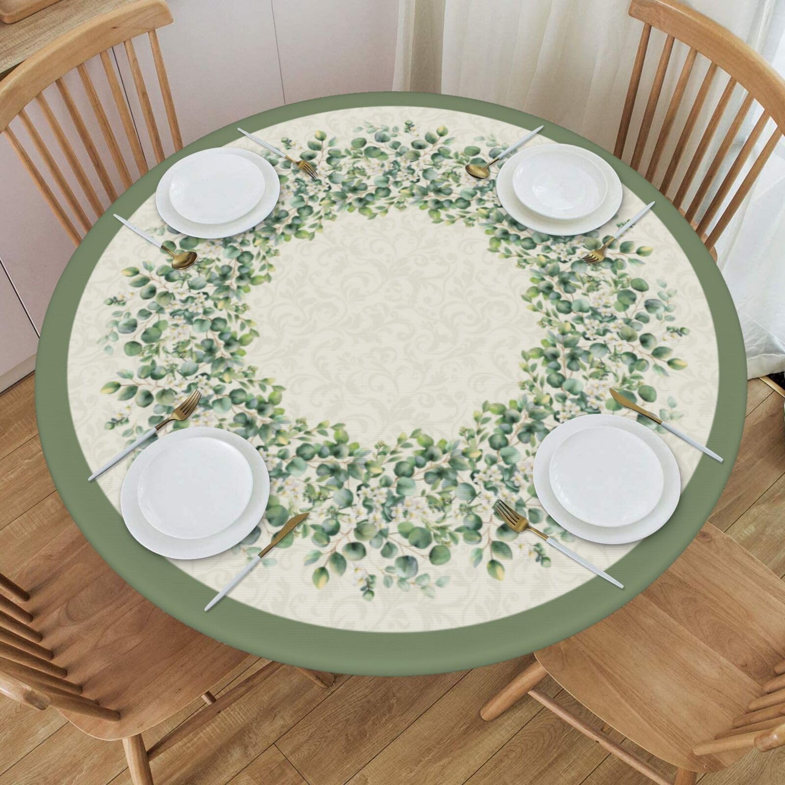 Sage Green Spring Summer Round Fitted Tablecloth with Elastic Edge Fits 45-50 Inch Watercolor Eucalyptus Leaf Floral Table Cover Rustic Washable