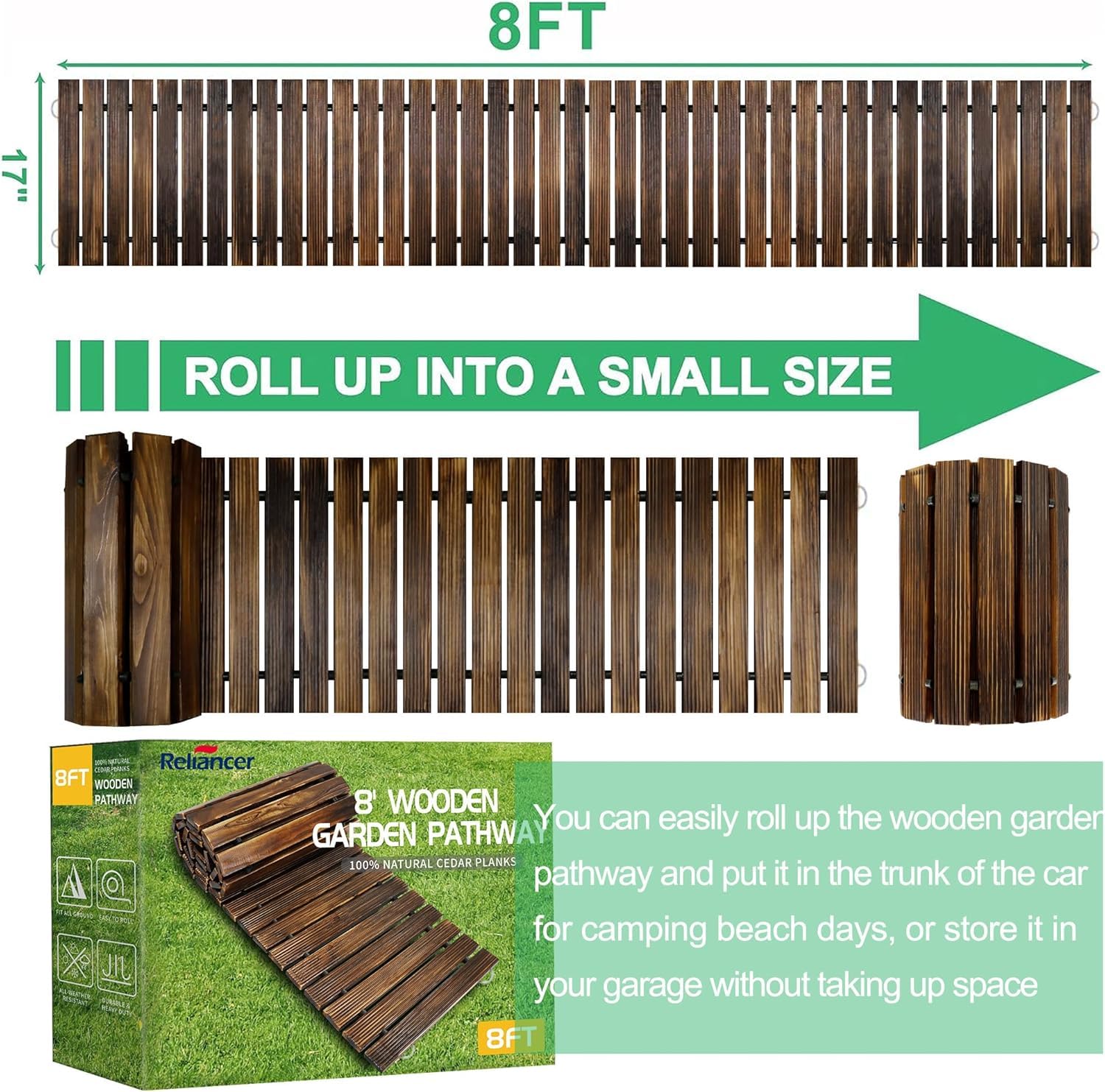 Camino de jardín enrollable, camino de jardín de madera, resistente a la intemperie para patios al aire libre, pasarela de madera dura enrollable de 17 pulgadas de ancho (marrón oscuro, 8 pies rectos)