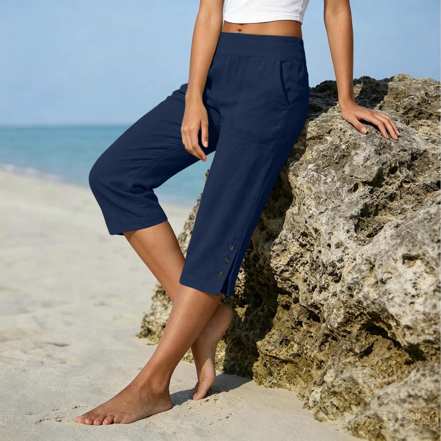 Cotton Linen Capri Pants for Women 2026 Split Hem Petite Bermuda Shorts Knee Length Elastic Waist Summer Beach Long Shorts
