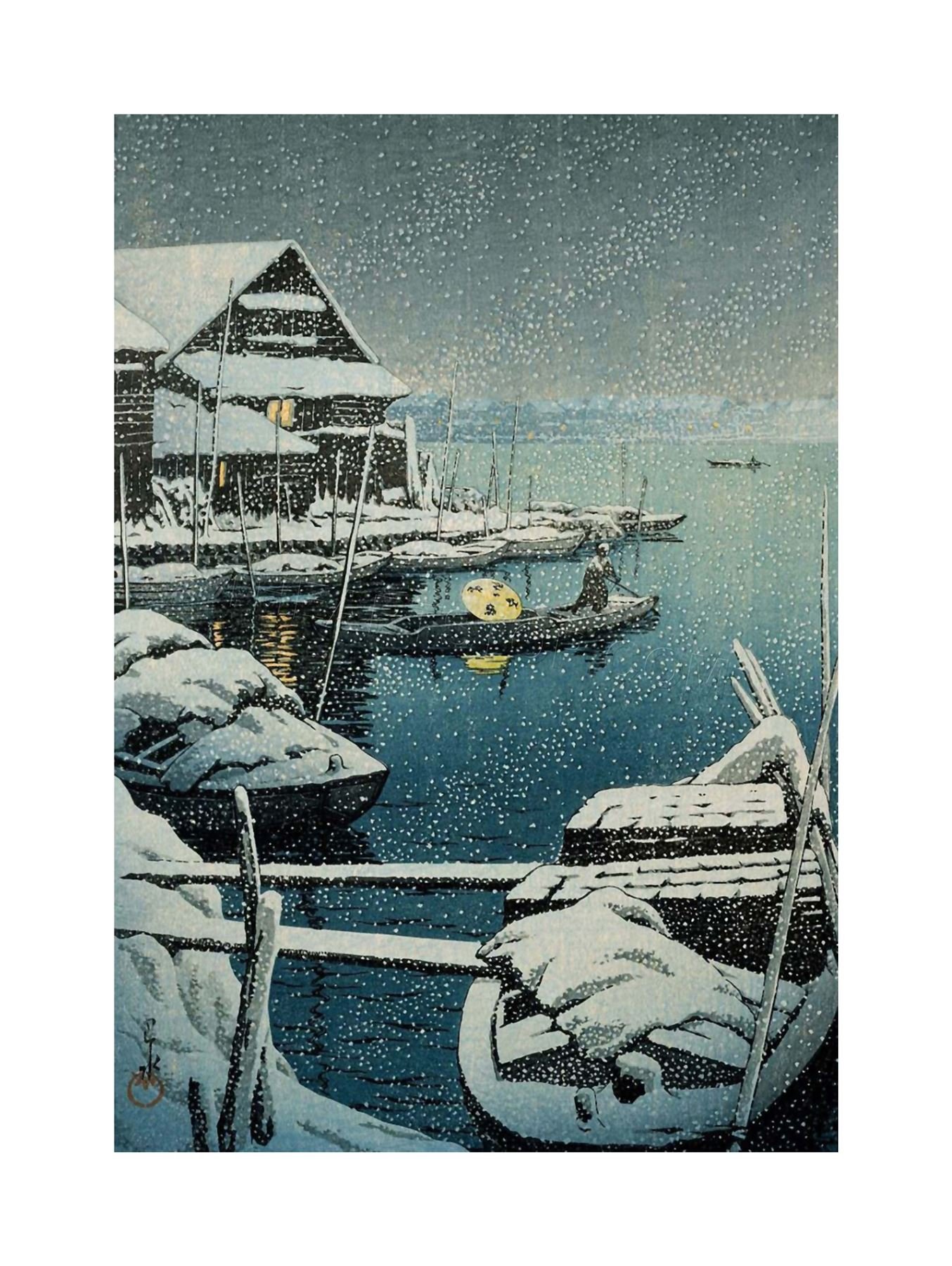 Wee Blue Coo Painting Snow Lake Mukaijima Kawase Hasui Japan Wall Art Print