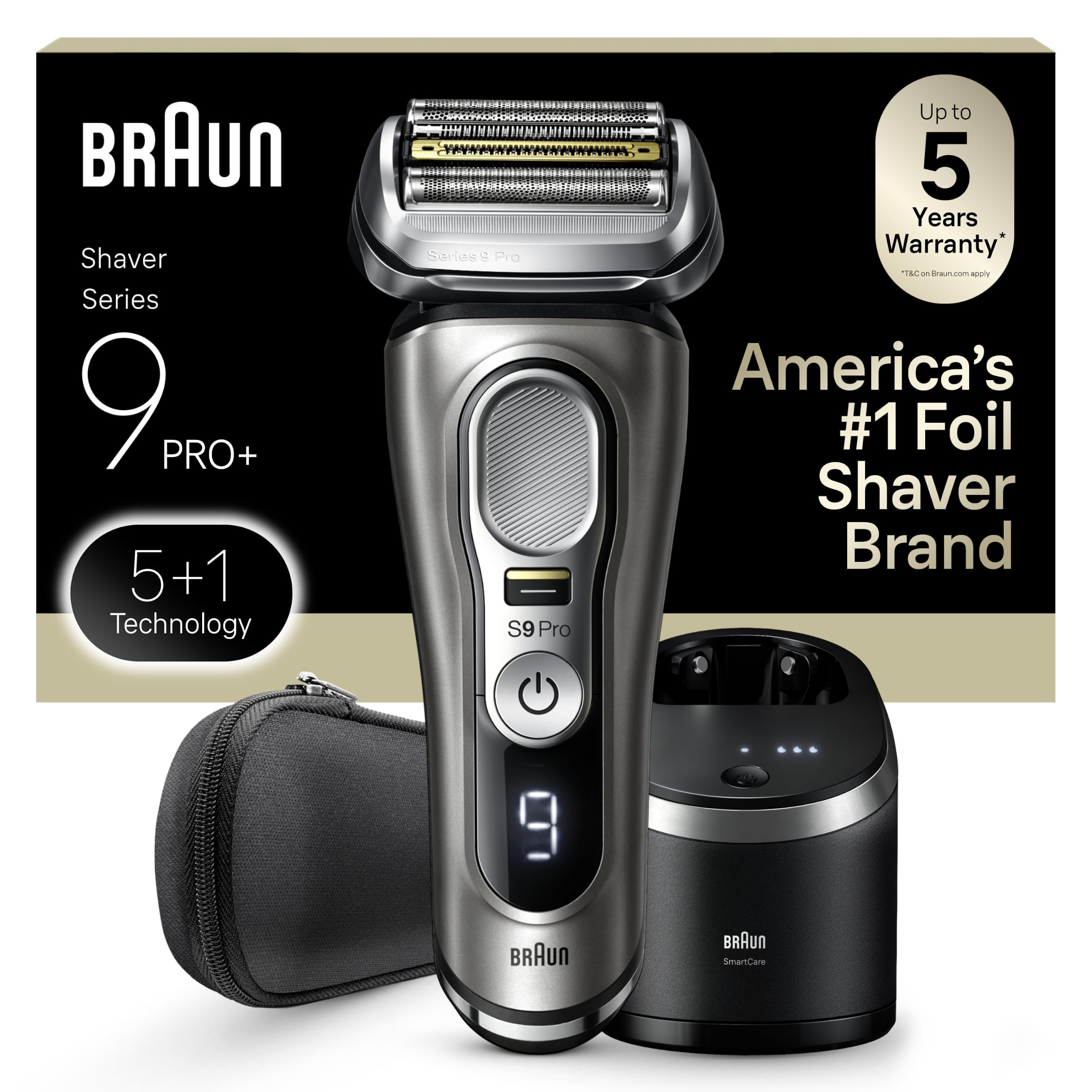 Braun Electric Razor for Men, Series 9 Pro 9465cc Wet &amp; Dry Electric Foil Shaver with ProLift Beard Trimmer, Cleaning &amp; Charging SmartCare Center, Head Shavers for Bald Men, Noble Metal
