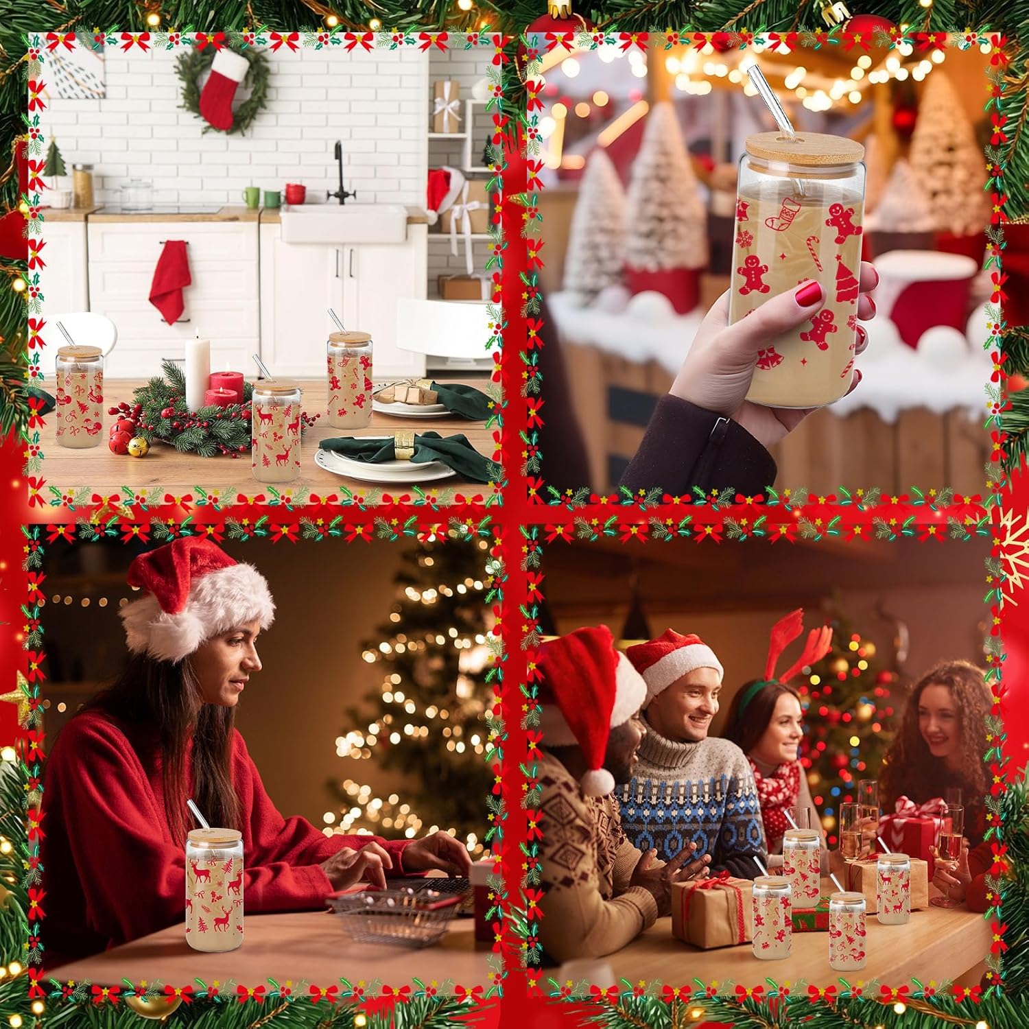 12 Sets Christmas Gifts 16 oz Christmas Color Changing Cups Burgundy Santa Claus Elk Xmas Tree Glass Coffee Cups with Bamboo Lid Straw for Xmas Decorations Party Supplies