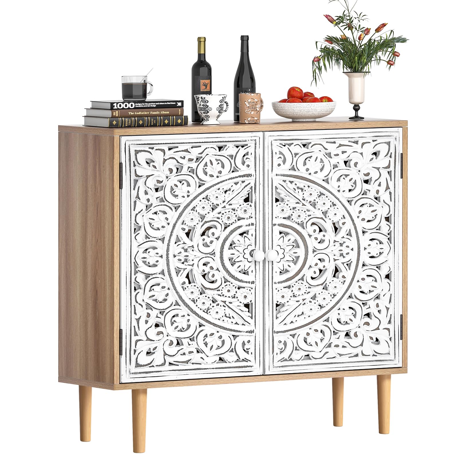 Buffet Bois Sculpté, Meuble de Rangement Cuisine Bas, Meuble Bas avec Pieds en Bois Massif, Étagères Réglables, Armoire de Rangement pour Salon, Cuisine, Chambre, Blanc