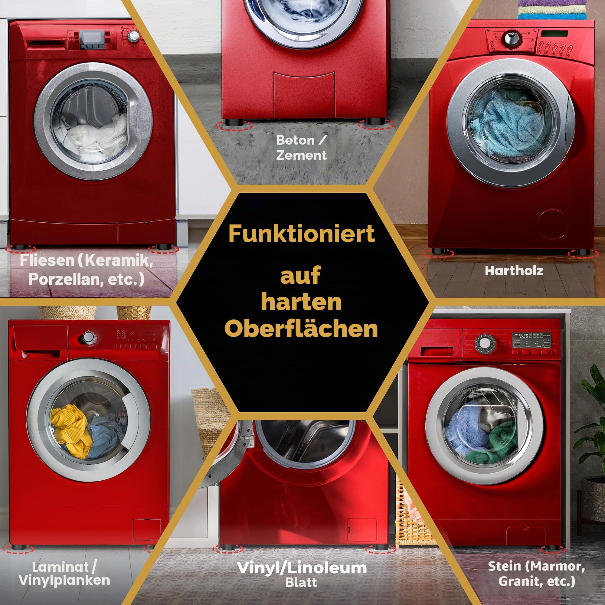 Vibrationsdämpfende Pads für Waschmaschine mit HexaGrip – stoppt das Bewegen von Waschtrockner und Gehen – verhindert Lärm, Vibrationsübertragung, Gummi-Antivibrations-Stabilisator, Stützfüße | Stoppt das Gehen der Waschmaschine, rutschfester HexaGrip, Gu