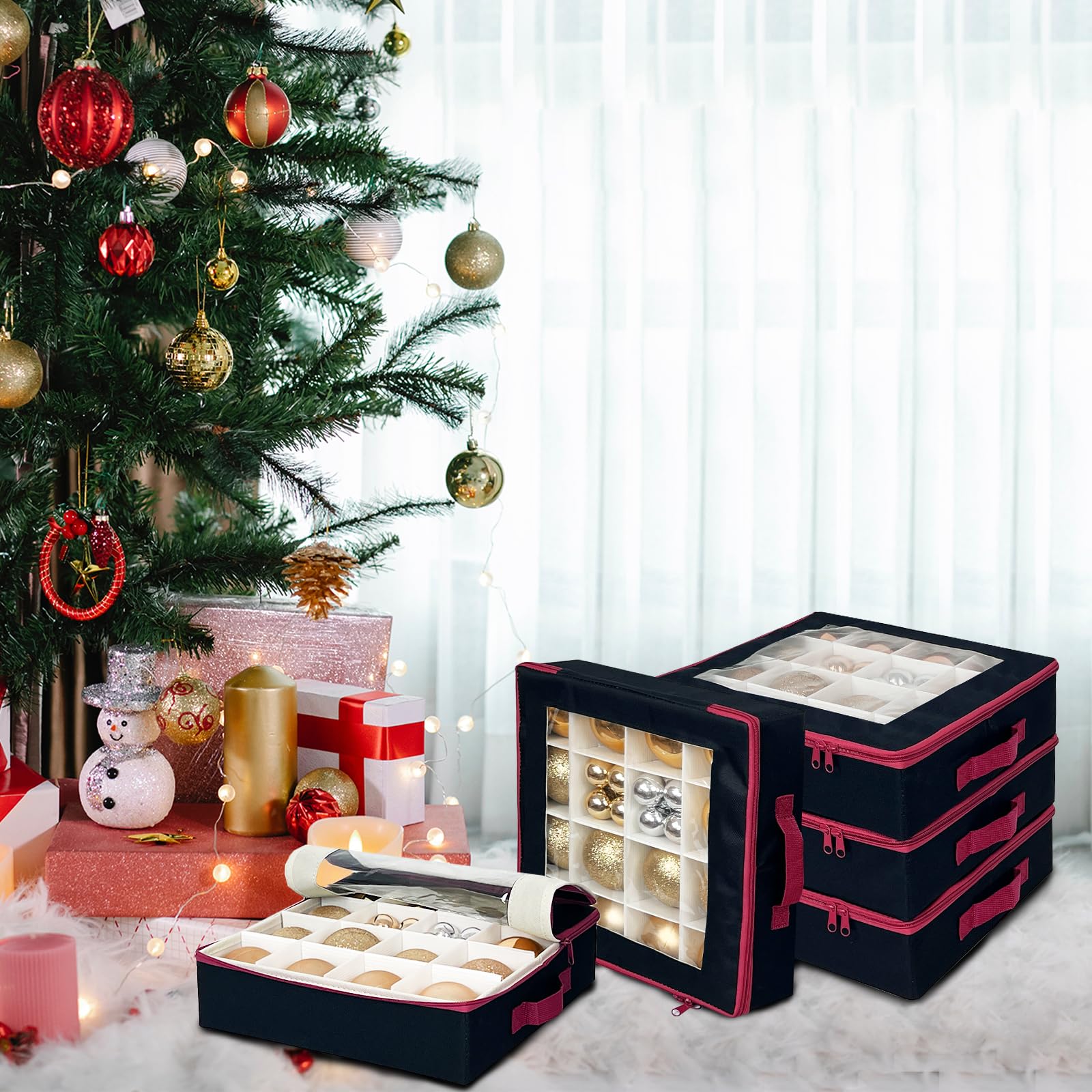 Caja de almacenamiento de adornos de bolas de Navidad con divisores, 4 organizadores plegables de decoraciones de Navidad con 2 asas y tapas para vacaciones (negro)