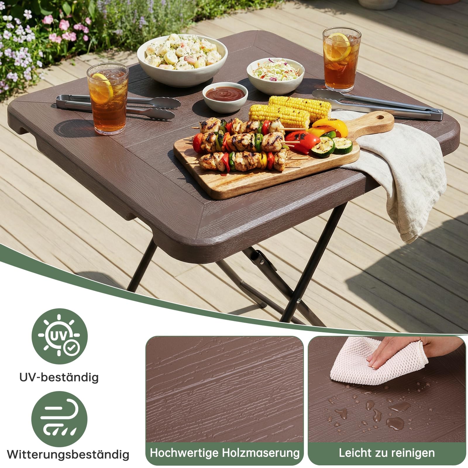 Tavolo da Giardino 80 x 80 x 74 cm, Tavolo Pieghevole Portatile, Tavolo da Campeggio in HDPE, Piano Effetto Legno, con Telaio in Acciaio, Carico Massimo 50 kg, per Giardino, Terrazza e Balcone