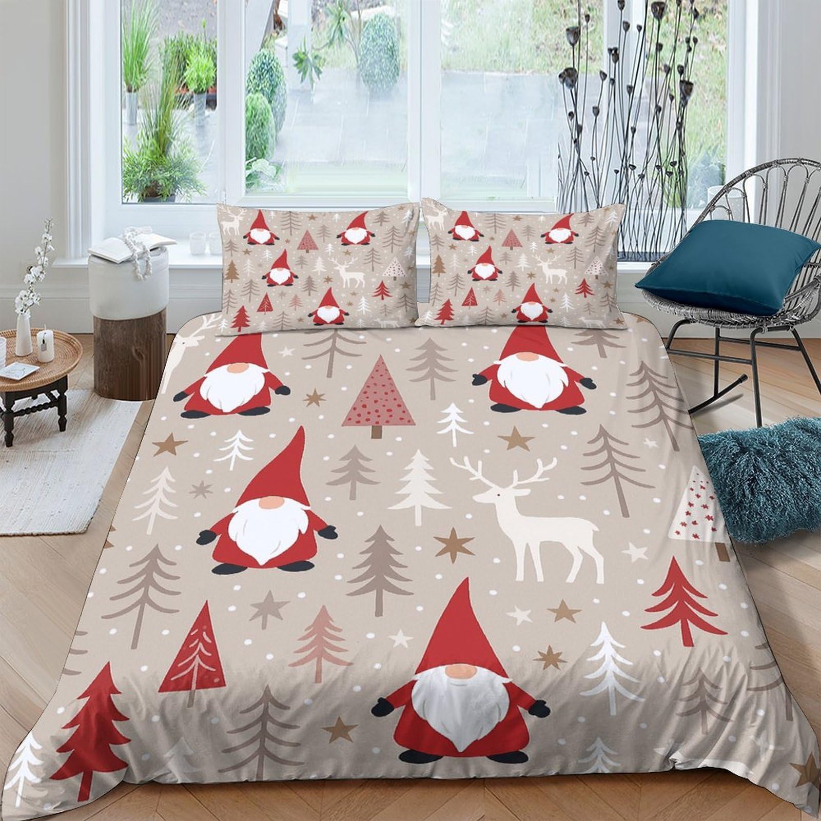 Ctjqhvkz Style-2 3D Printed Christmas Gnome Fitted Sheet Microfiber Soft Red Tree Reindeer Bed Cover For Bedroom Guest Room Decor Single（135X200cm）
