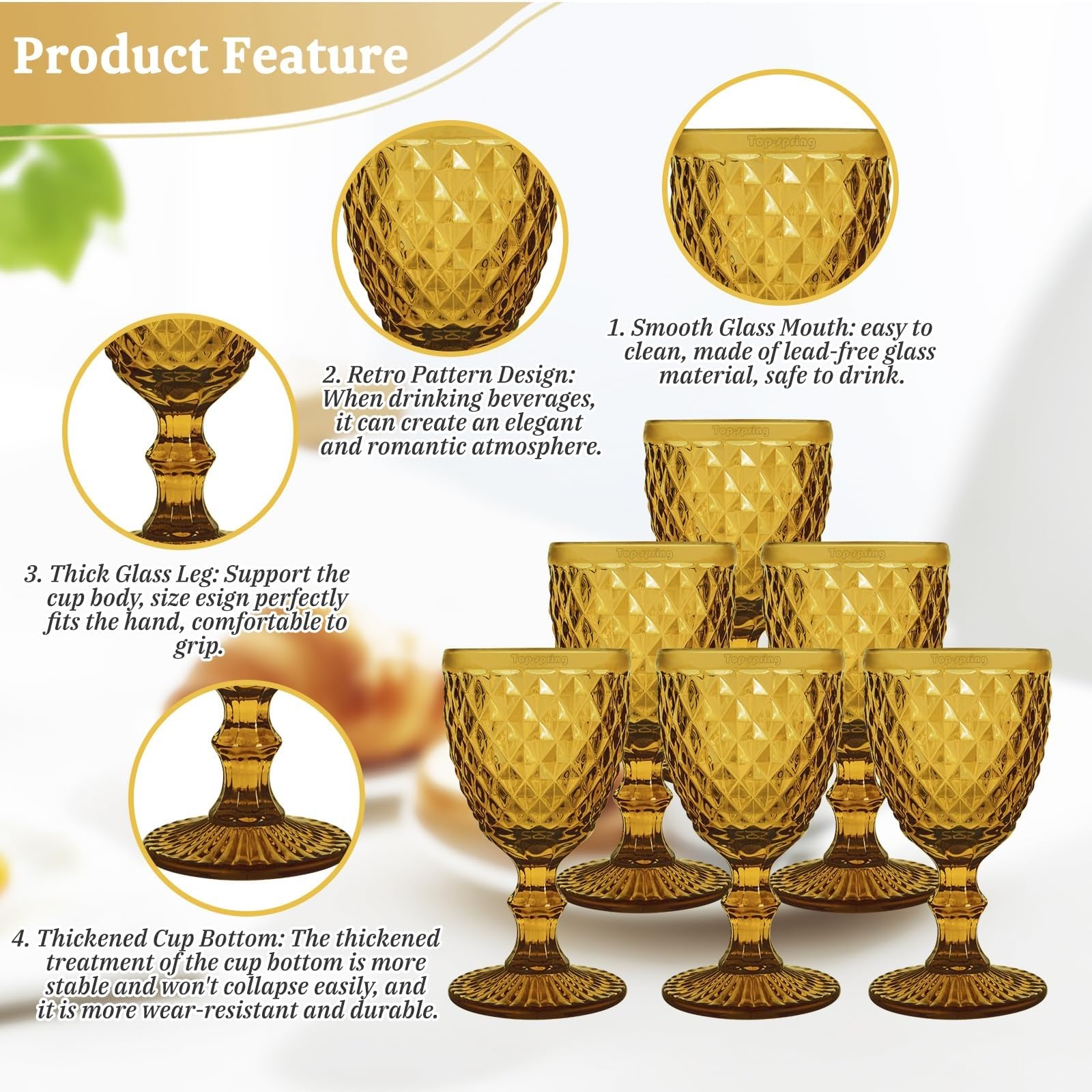 Juego de 6 copas de vino con relieve de primavera superior, 8 oz, copas vintage, cristalería for uso doméstico Vaso para bebidas