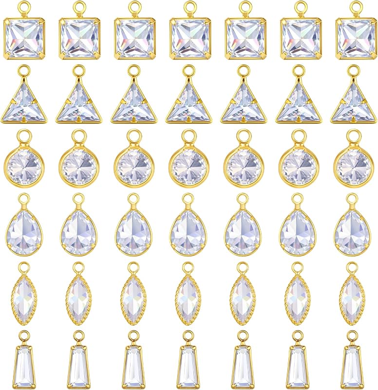 Skrfren 42PCS Crystal Charms for Jewelry Making, 6 Styles Gold Charms Bulk Small Bling Rhinestone Pendants for Bracelets, Necklaces, Earrings