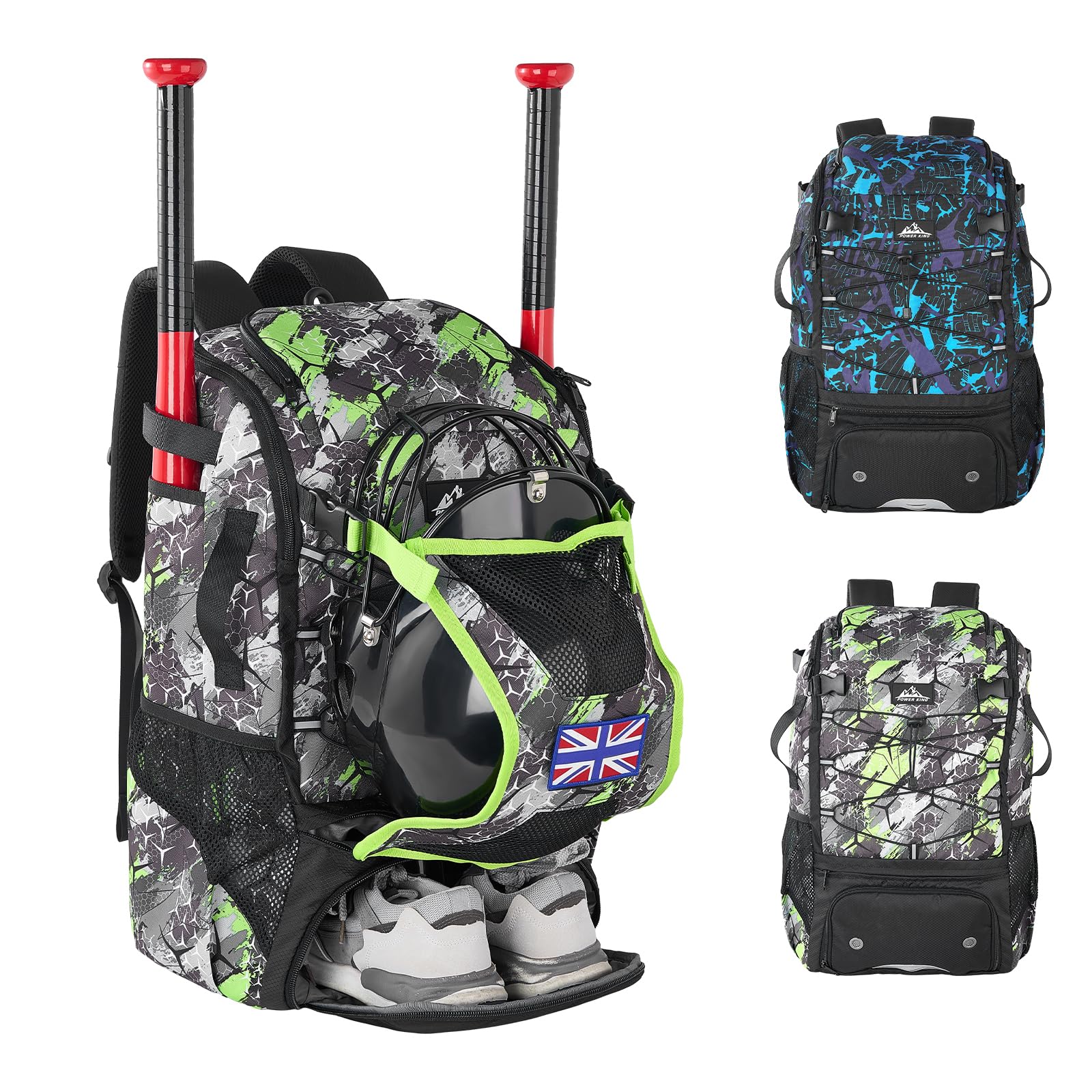POWER KING 45L Youth Baseball Bat Bag, Large Capacity Backpack for Baseball, T-Ball & Softball Equipment & Gear with Shoe Compartment | Fence Hook | Helmet Holder