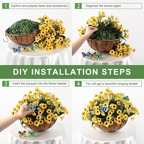 Miniatura 6 de RZHfffhua Flores colgantes artificiales con cestas, crisantemos de estrella falsa en cestas colgantes forradas de coco de 12 pulgadas para decorar