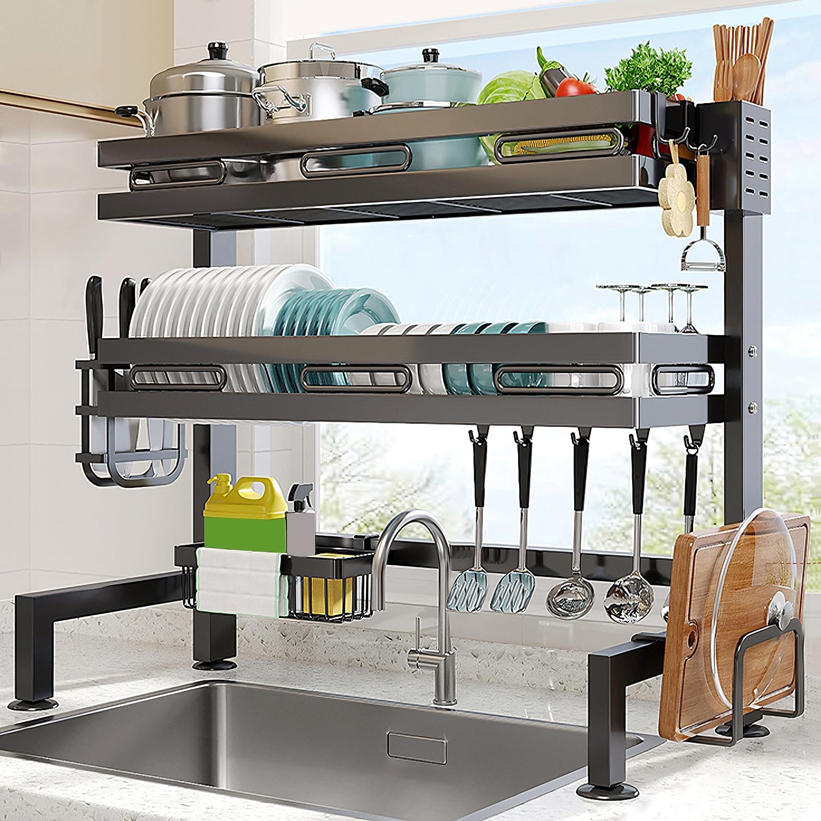 Over Sink Dish Drying Rack with Suction Cup Feet L-Shaped Kitchen Sink Caddy Organizer Carbon Steel Space Saving
