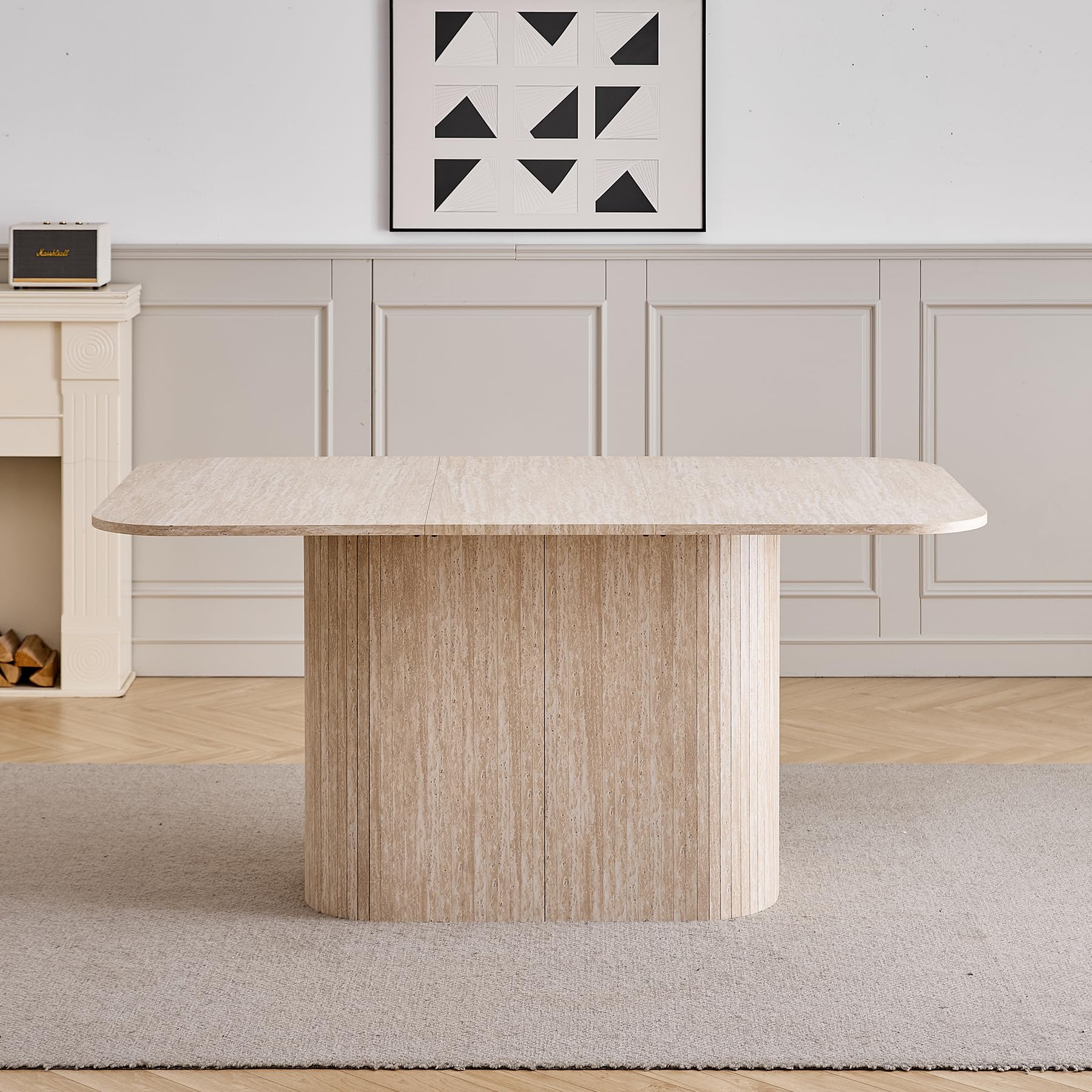 Mesa Comedor Rectangular para 4-6 Personas - 160 x 90 x 75 cm - Tablero de MDF con Acabado en Travertino - Mesa de Cocina con Base Ovalada Elegante, Amarillo Claro