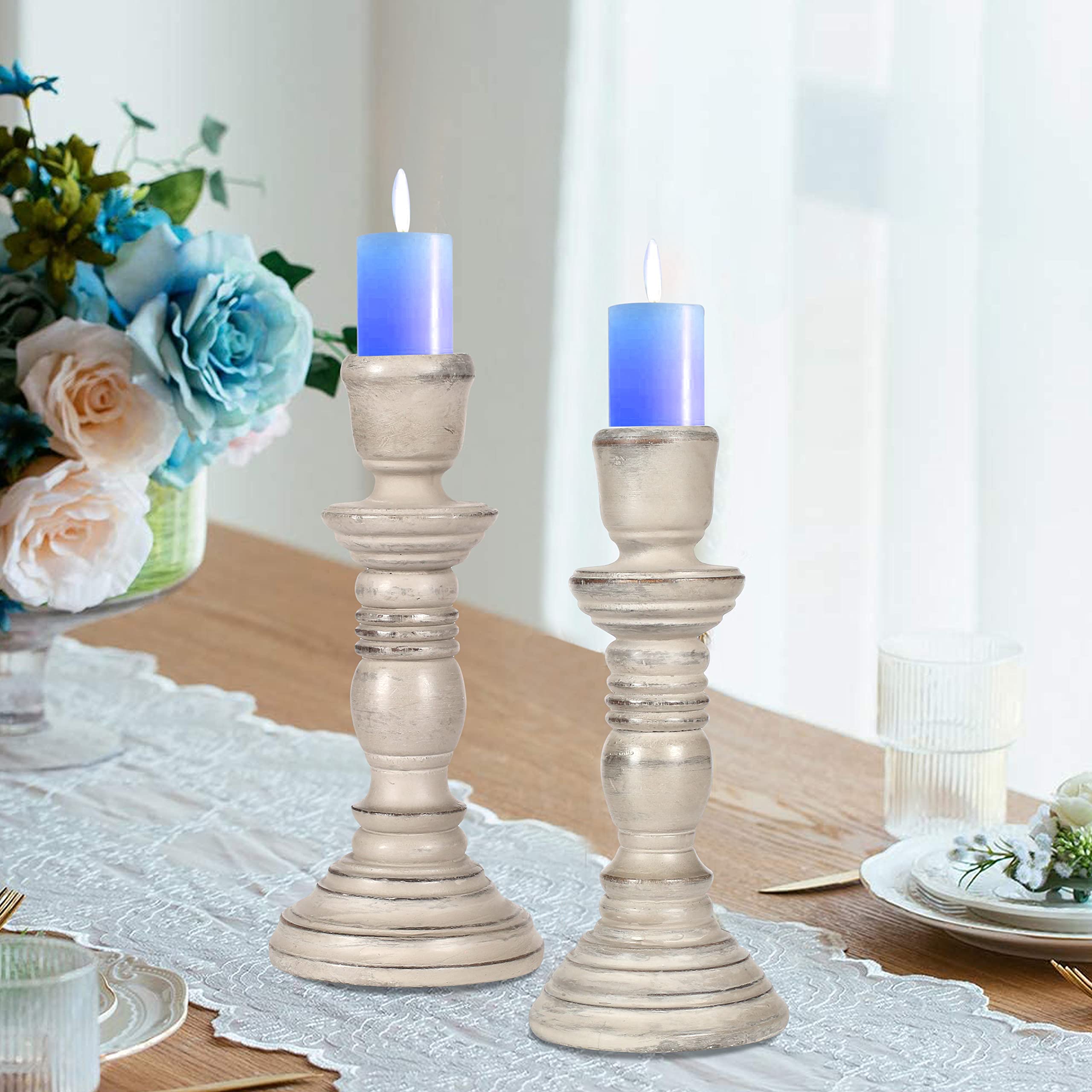 Wooden Candlestick Holder Stand, Decorate Your Dinner Table, Christmas Decoration, Coffee Table, Wedding Party, Family Gatherings, Home, Spa, Decorative Candle Holder - 8 Inch Set of 2 - White Antique 3