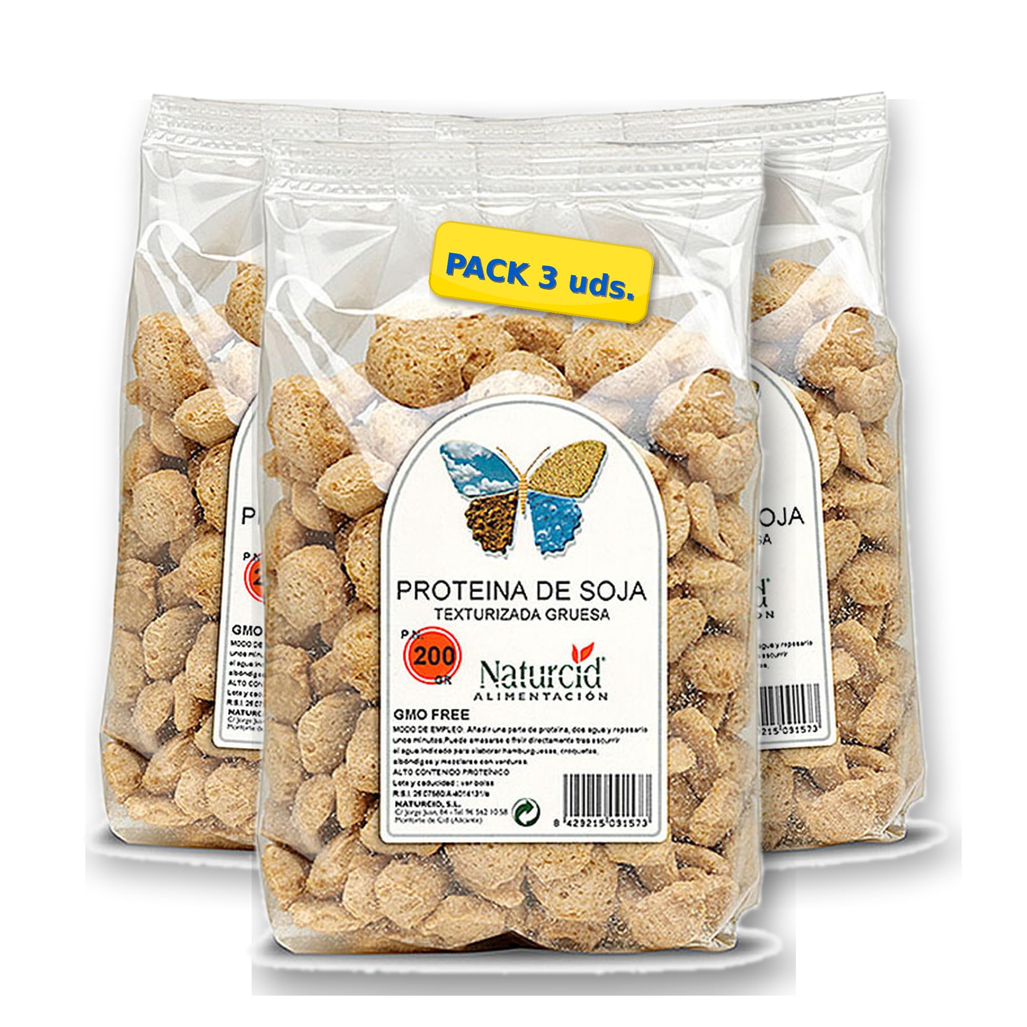 Proteína de Soja Texturizada Gruesa Natur 3 x 200 g (600 g) – Soja texturizada vegana, alta en proteína, para guisos y boloñesa