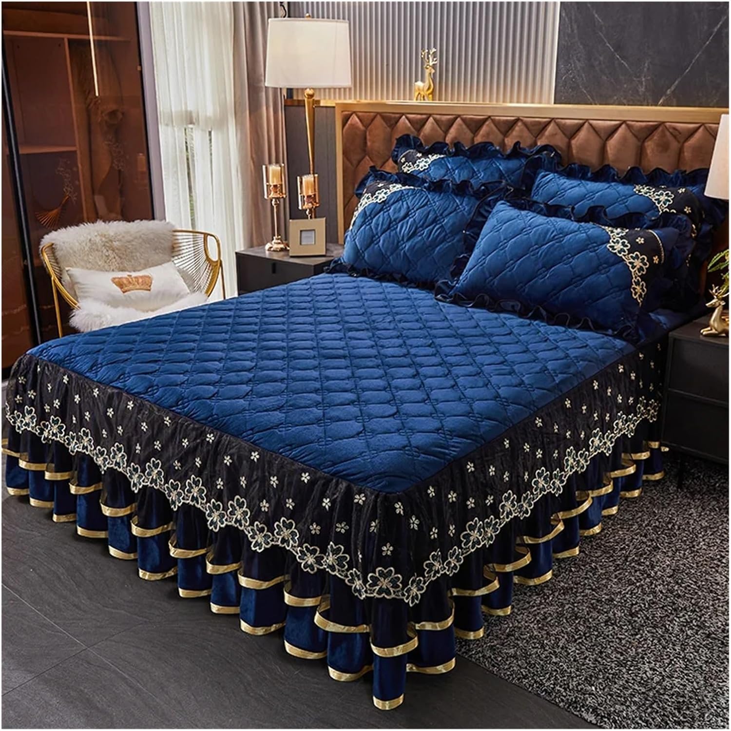Luxury Super Soft Crystal Velvet Fleece Lace Ruffles Quilted Bed Skirt Mattress Cover Bedspread Pillowcase Bedding Home Textiles,Bedding, 200X220cm 3pcs, JM-021