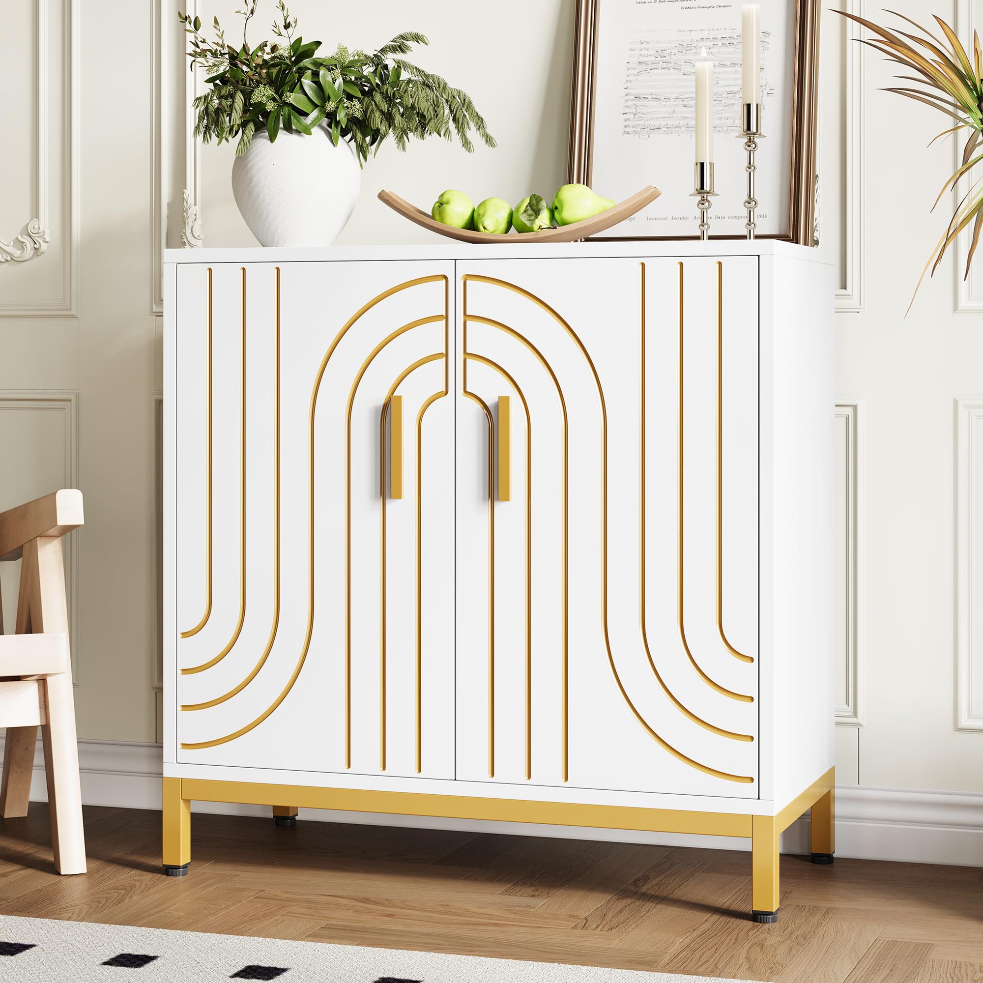 GAOMON Accent - Armadietto da buffet in legno, con contenitore, moderno, con ante e ripiani, per cucina, ufficio, sala da pranzo, soggiorno, colore: bianco