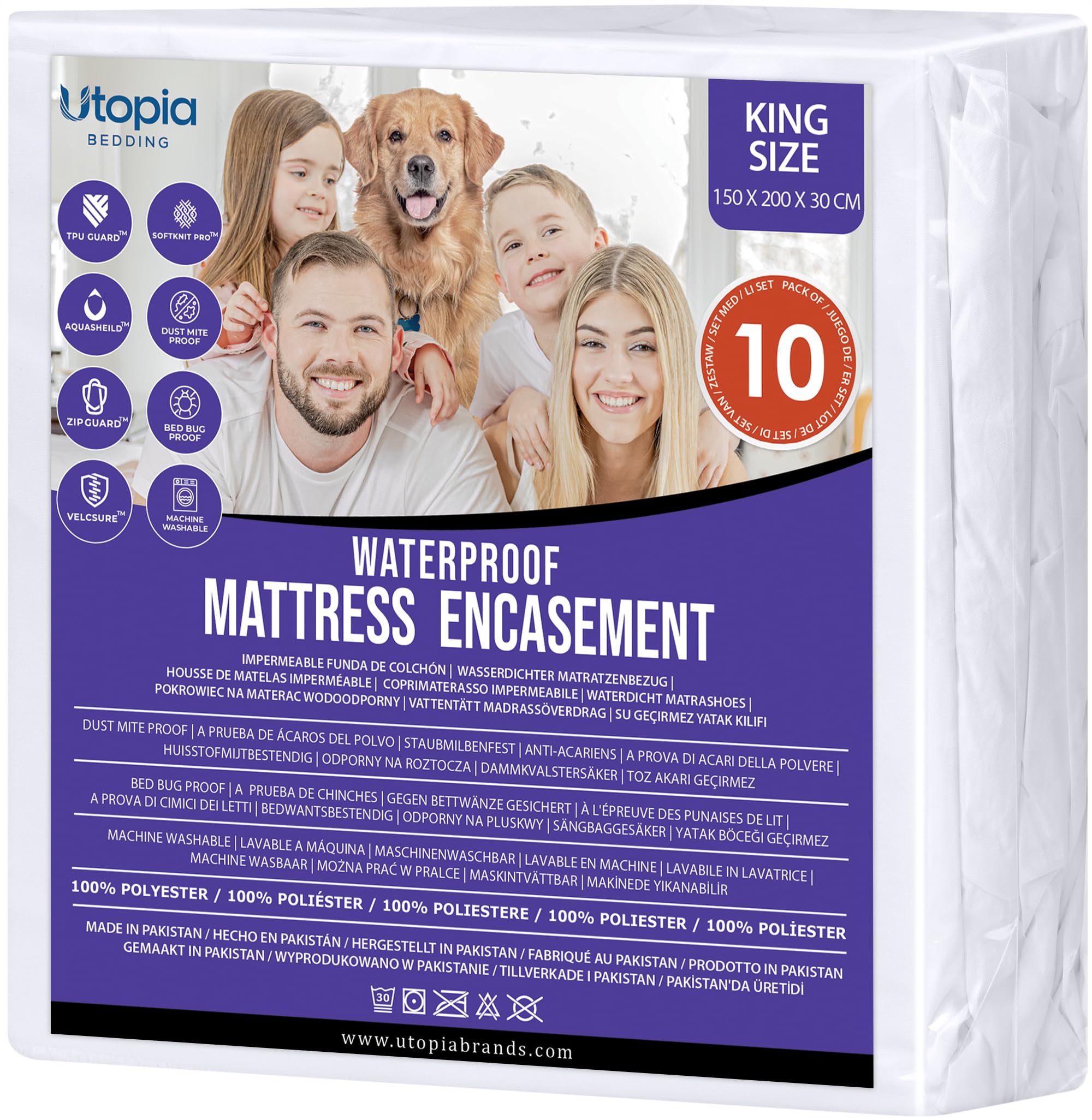 Utopia Bedding Premium Waterproof Mattress Encasement King Bed (150 x 200 x 30 cm) Pack of 10, Zippered Mattress Protector, Bed Bug and Dust Mite Proof Mattress Cover, White