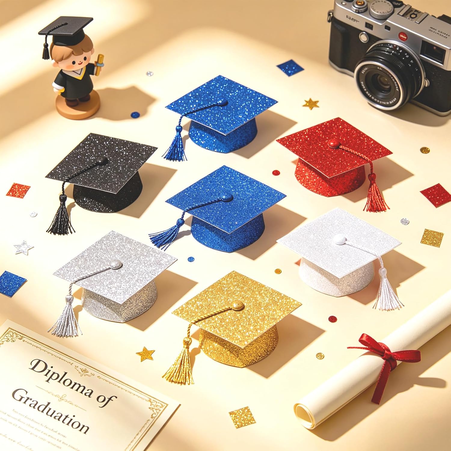 Graduation Cap Topper Decorations 10 Sheets Black Construction Paper(10x10 Inch) Cardstock Grad Cap Insert Decor Glitter Graduation Hat Toppers Cover Designs Crafts DIY Kits Bulks Sublimation Blank