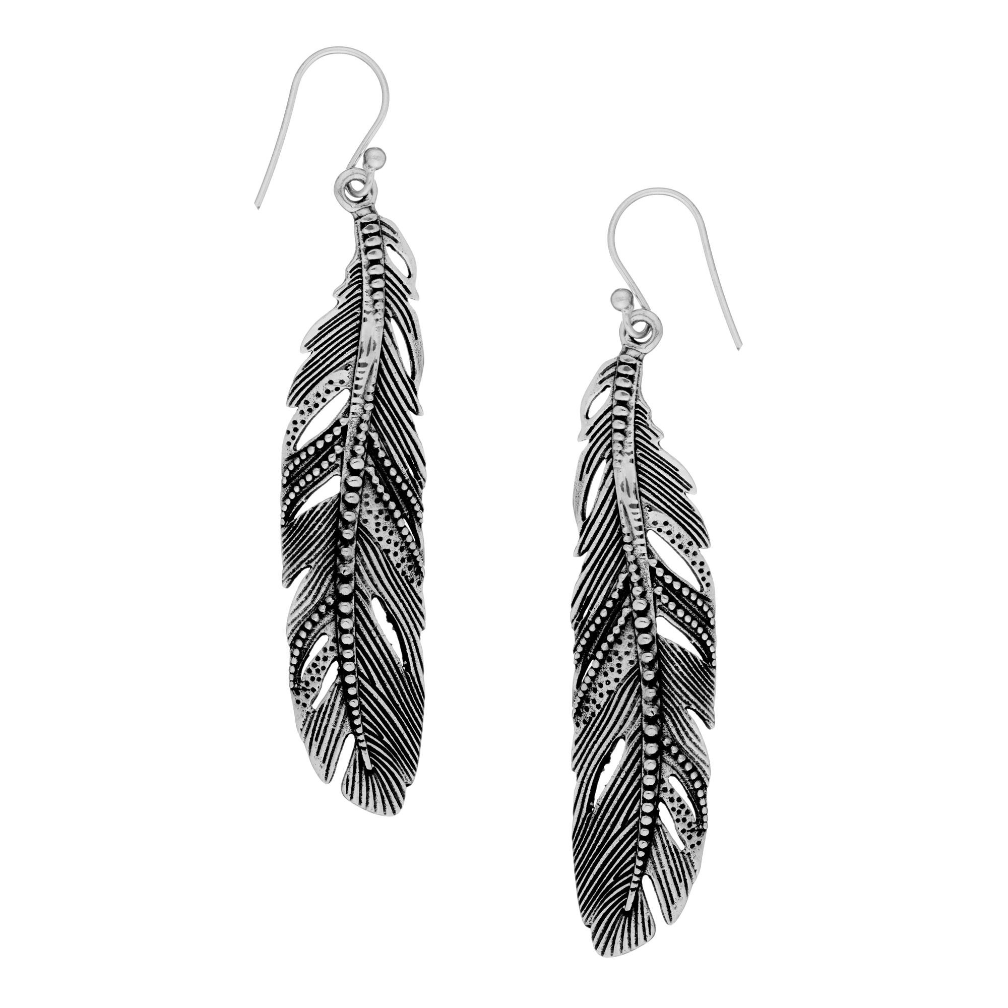 81stgeneration Pendientes Largos Pluma Texturizada Plata 925 | Grandes Pendientes Plata de Ley Detalles Forma Hoja | Joyería Tribal Boho Llamativa Mujer | Accesorio Festivales Inspirado Naturaleza