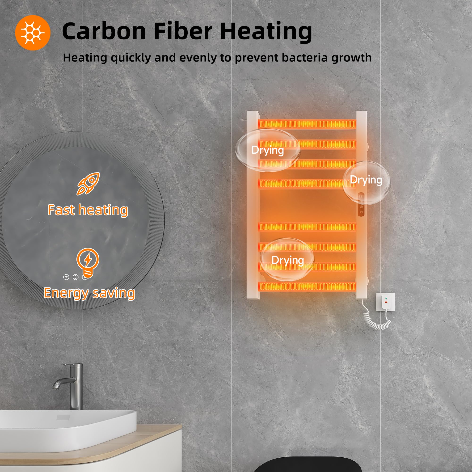 Radiador de Toallas 450x700mm Toallero Eléctrico Bajo Consumo Secador de Toallas Radiador Toallero eléctrico inteligente Calienta Toallas, calefacción de fibra de carbono, antracita-White Right