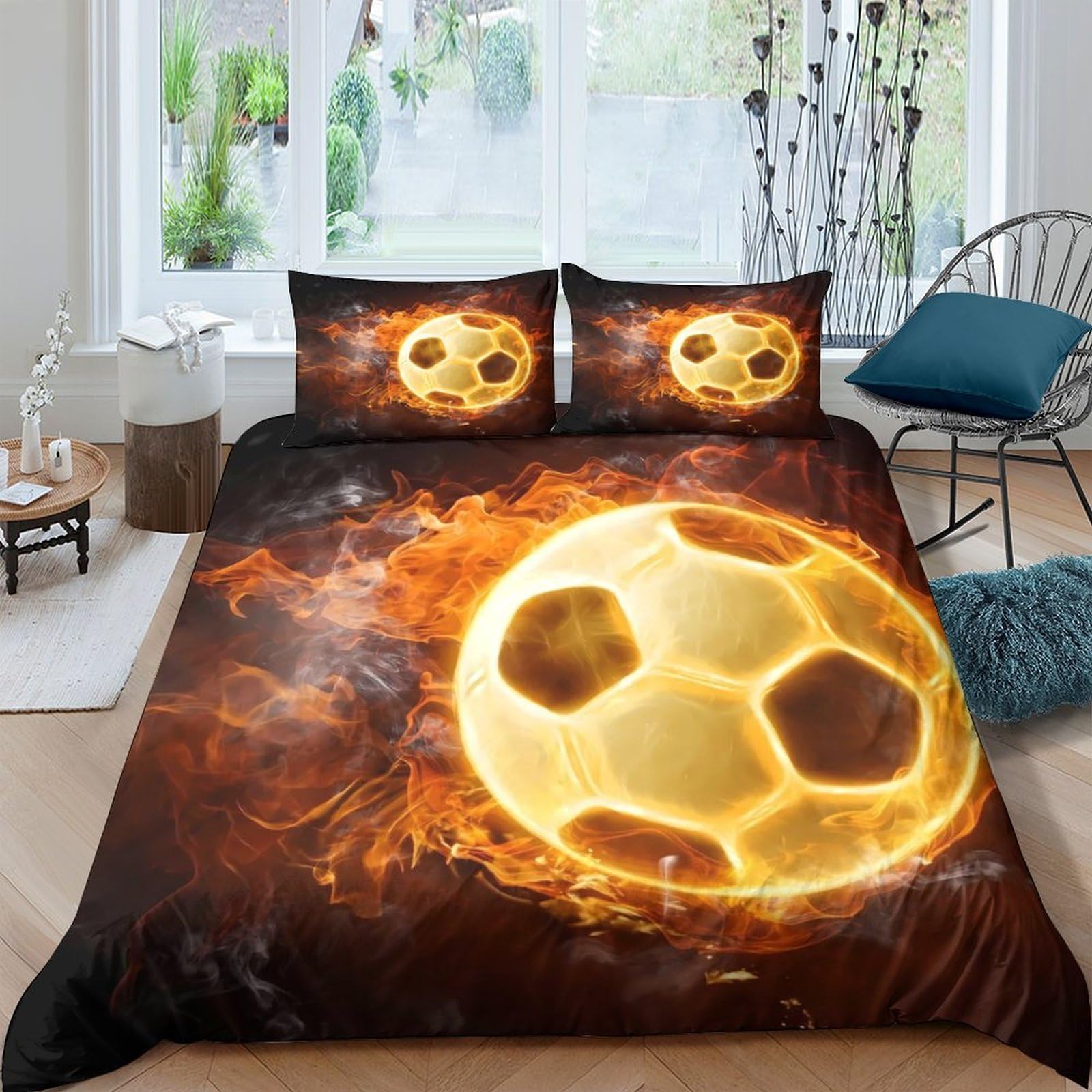 Ctjqhvkz Style-3 3D Printed Flaming Soccer Ball Fitted Sheet Microfiber Soft Anti-Slip Bed Cover For Bedroom Dorm Mattress Protection Decor Single（135X200cm）