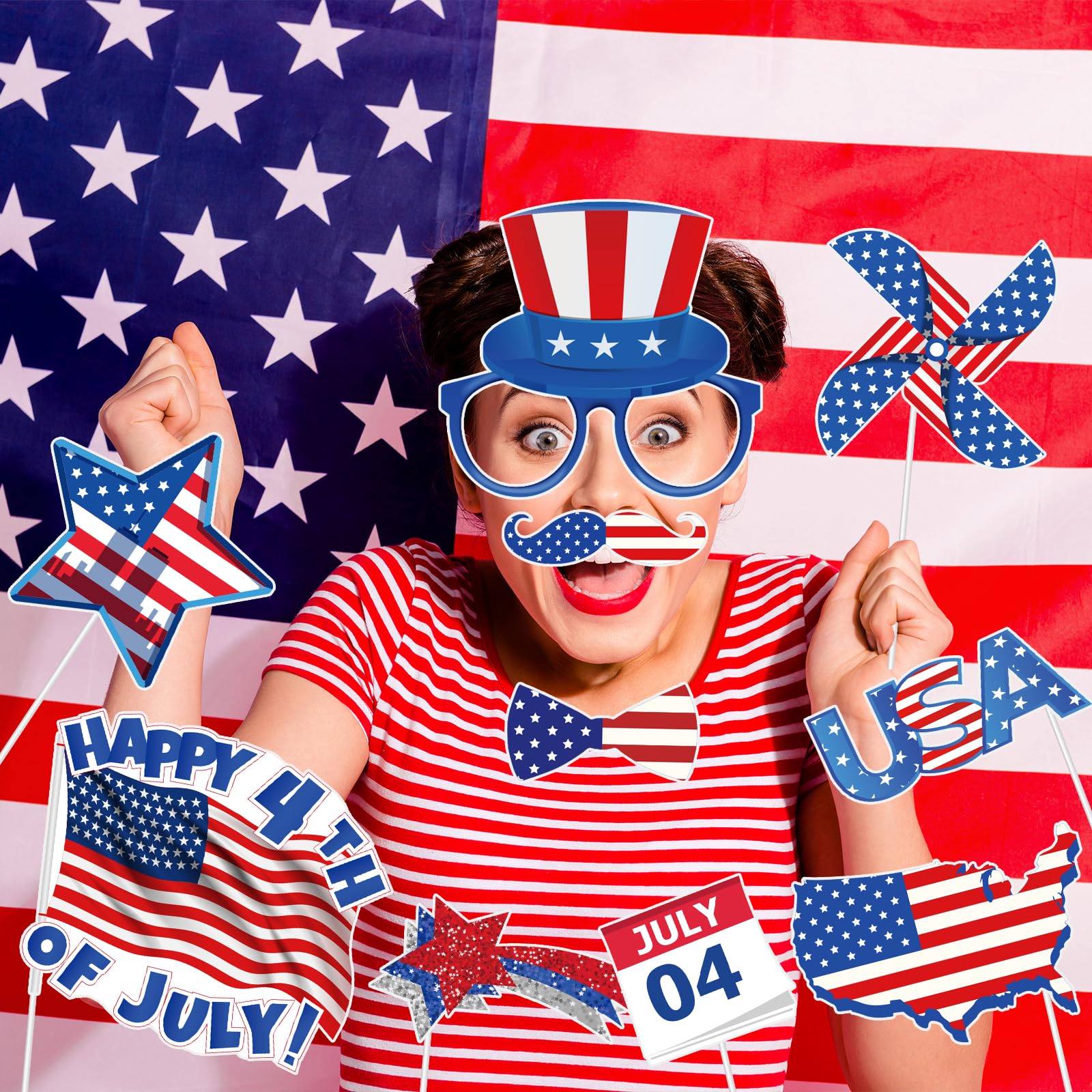 SUNBEAUTY Us 4th of July Decoration, Usa Independence Day Photo Booth Props, Blue Red Patriotic Theme - Image 4