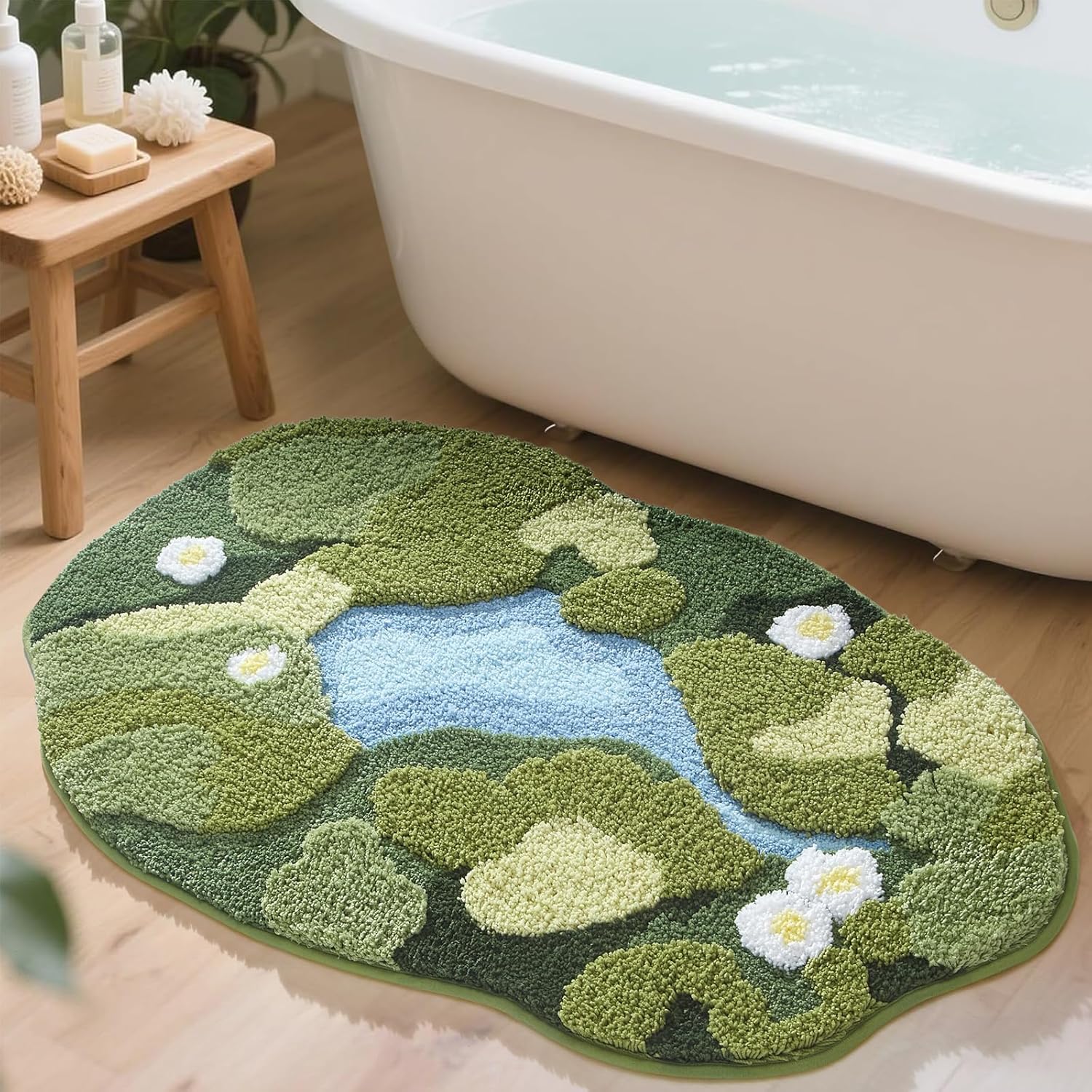 HIGHSEASON Cute Moss Bath Mat,3D Green Floral Area Bathroom Rug,Non Slip Water Absorbent Bath Mat Tufted Rug for Shower Floor, Sink, Bedroom, Home Accessories Decor (24" x 43")