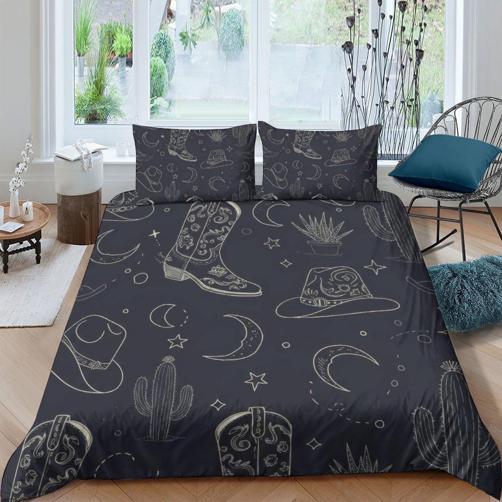 Ctjqhvkz Style-2 3D Printed Western Cowboy Fitted Sheet Microfiber Soft Black Moon Cactus Bed Cover For Bedroom Guest Room Decor Single（135X200cm）